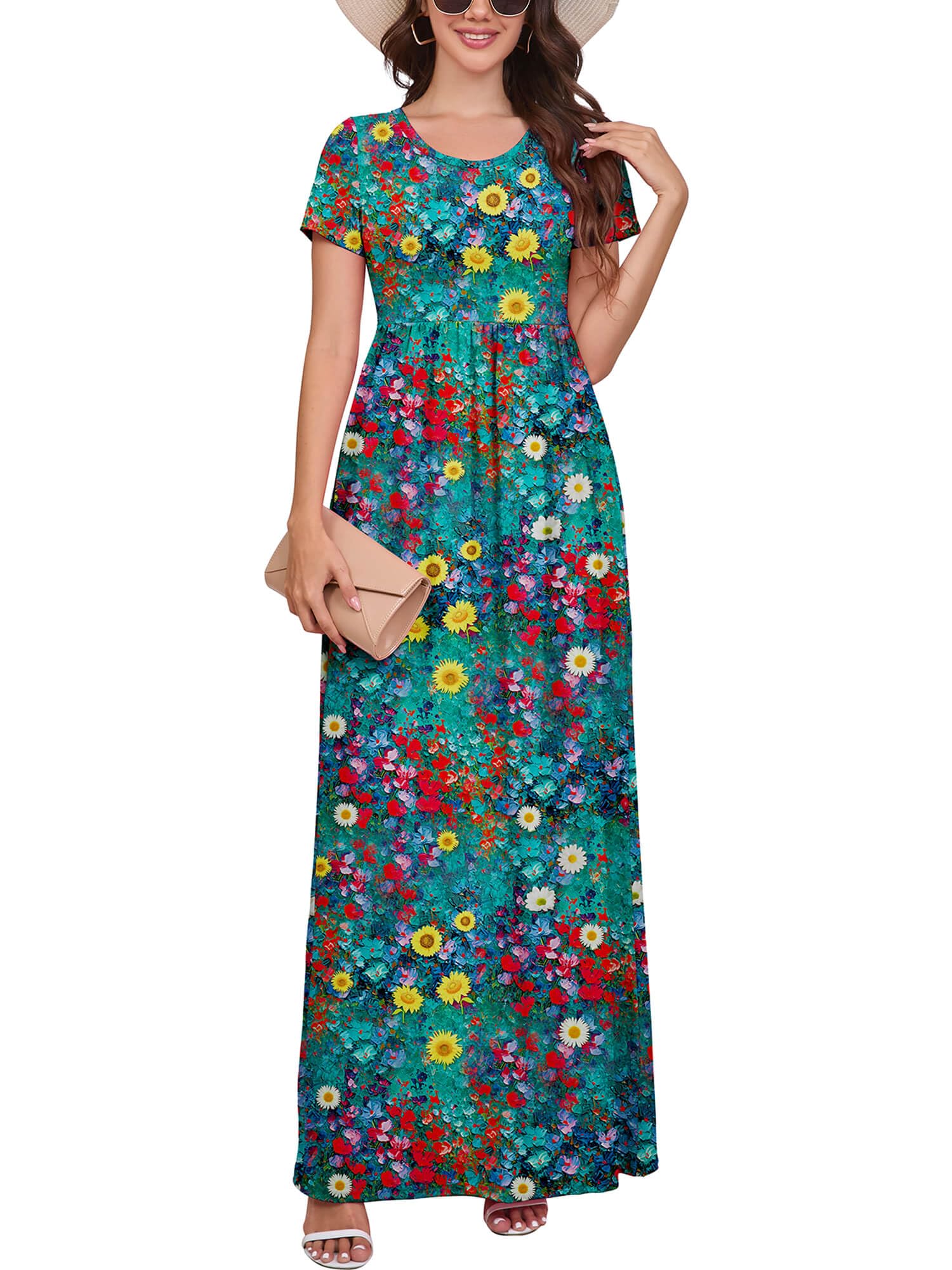 DEARCASE Maxi Dress for Women Short Sleeve Casual Summer Loose Plain Comfy Long Dresses with Pockets