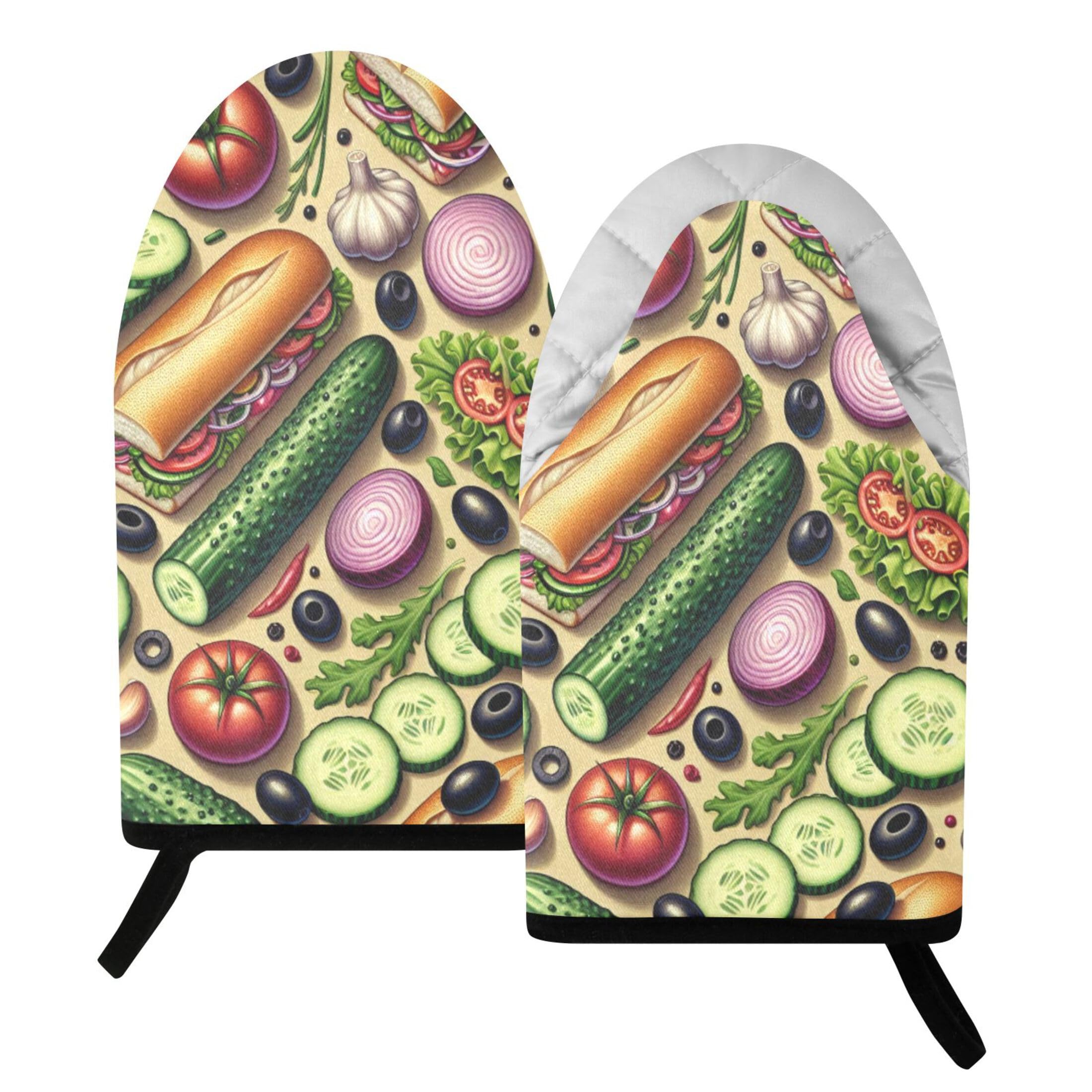 Fuauuyl Oven Mitts Heat Resistant Kitchen Gloves, Vegetables Sandwiches Classic Oven Gloves with Hanging Loop for Baking BBQ Cooking Grilling, 1 Pair, 9.5 in