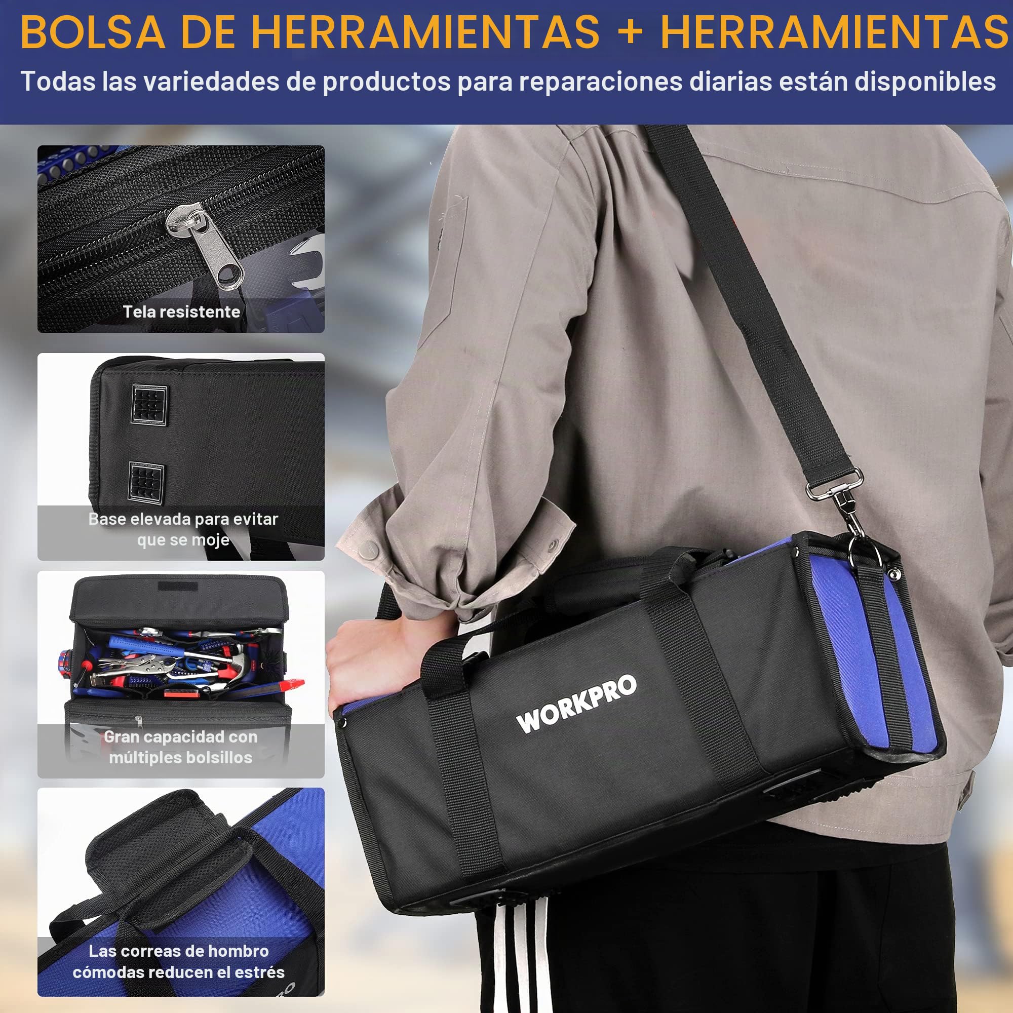 WORKPRO Juego de Herramientas Básicas y Accesorios 156-piezas con Bolsa, Herramientas manuales para hogar con Alicates Destornilladores Llaves Hexagonales etc para Bricolaje