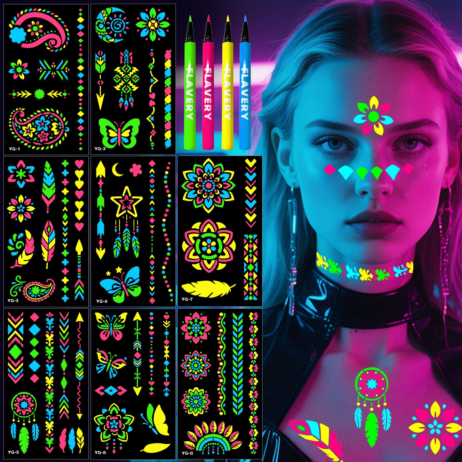 Glow in the Dark Temporary Tattoo Markers for Face Paint, 4 Color Neon Body Paint Markers＋57PCS Flower Stencils,UV Blacklight Body Markers for Halloween Music Nightclub Birthday Glow Party Supplies Glow Maker with Stencil