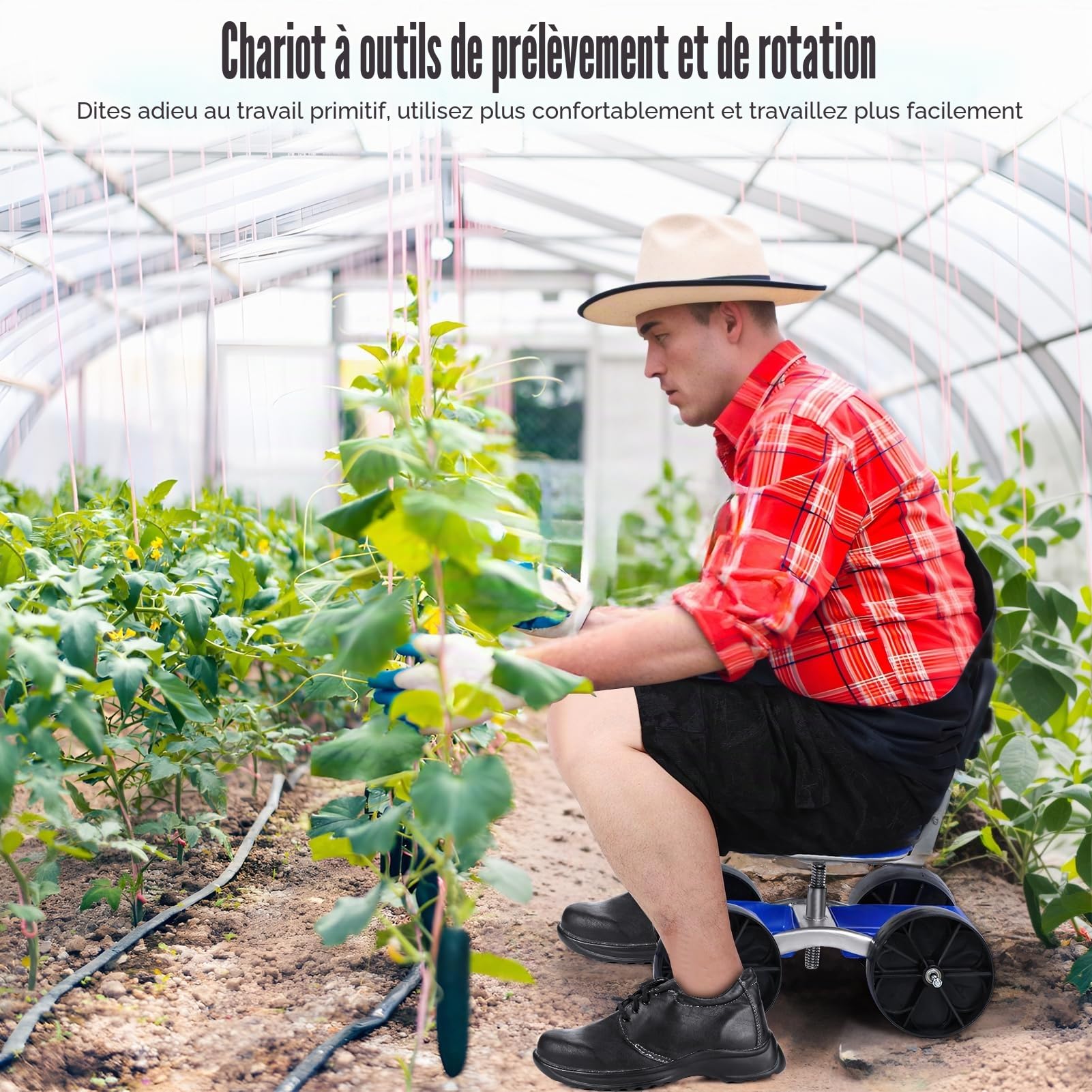 Siège de Jardin à Roulettes Pivotant 360°, Chariot Roulant Avec Siège pour Travaux de Cour, Entretien de Pelouse, Réglable en Hauteur, Tabouret Avec Plateau