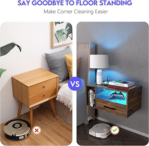 Miniatura 6 de Homaterial Mesita de noche flotante con estación de carga y luces LED, mesita de noche flotante con cajones, mesitas de noche montadas en la pared,