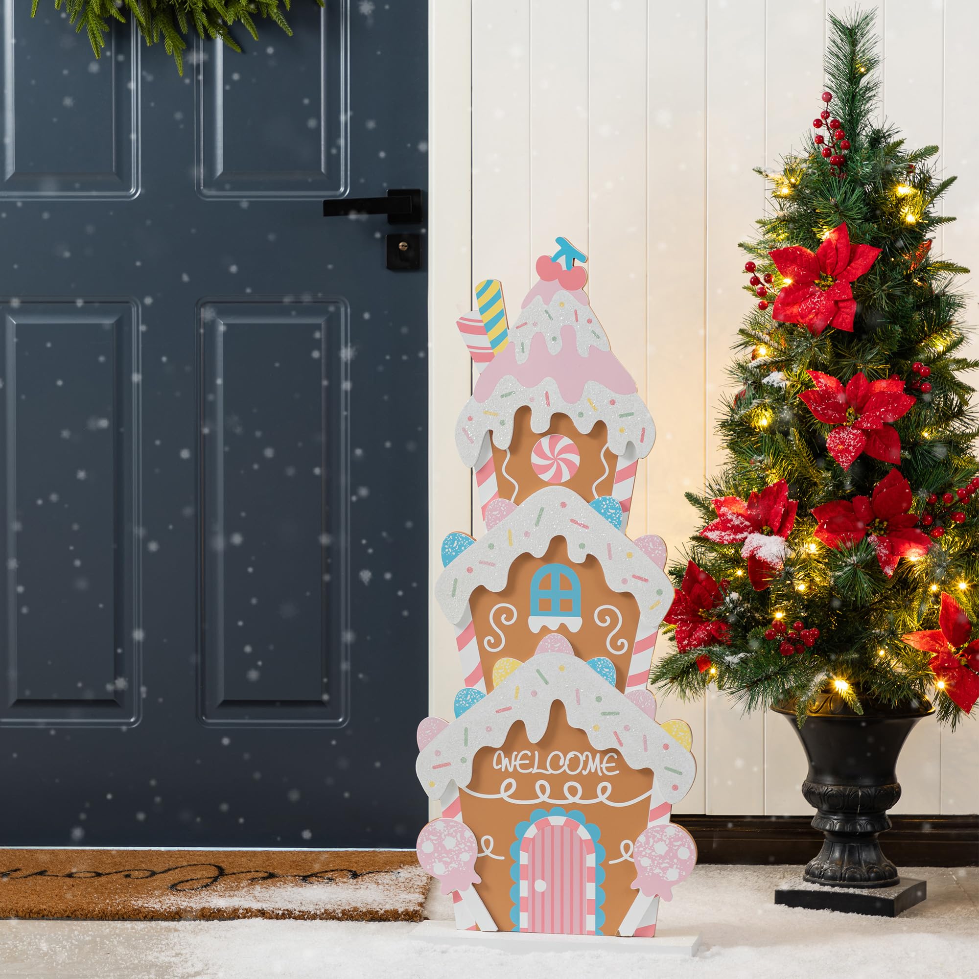 Glitzhome Décoration de porche de Noël en bois de 88,9 cm de hauteur avec message de bienvenue, panneau de pain d'épices rustique autoportant avec base, porte d'entrée intérieure et extérieure
