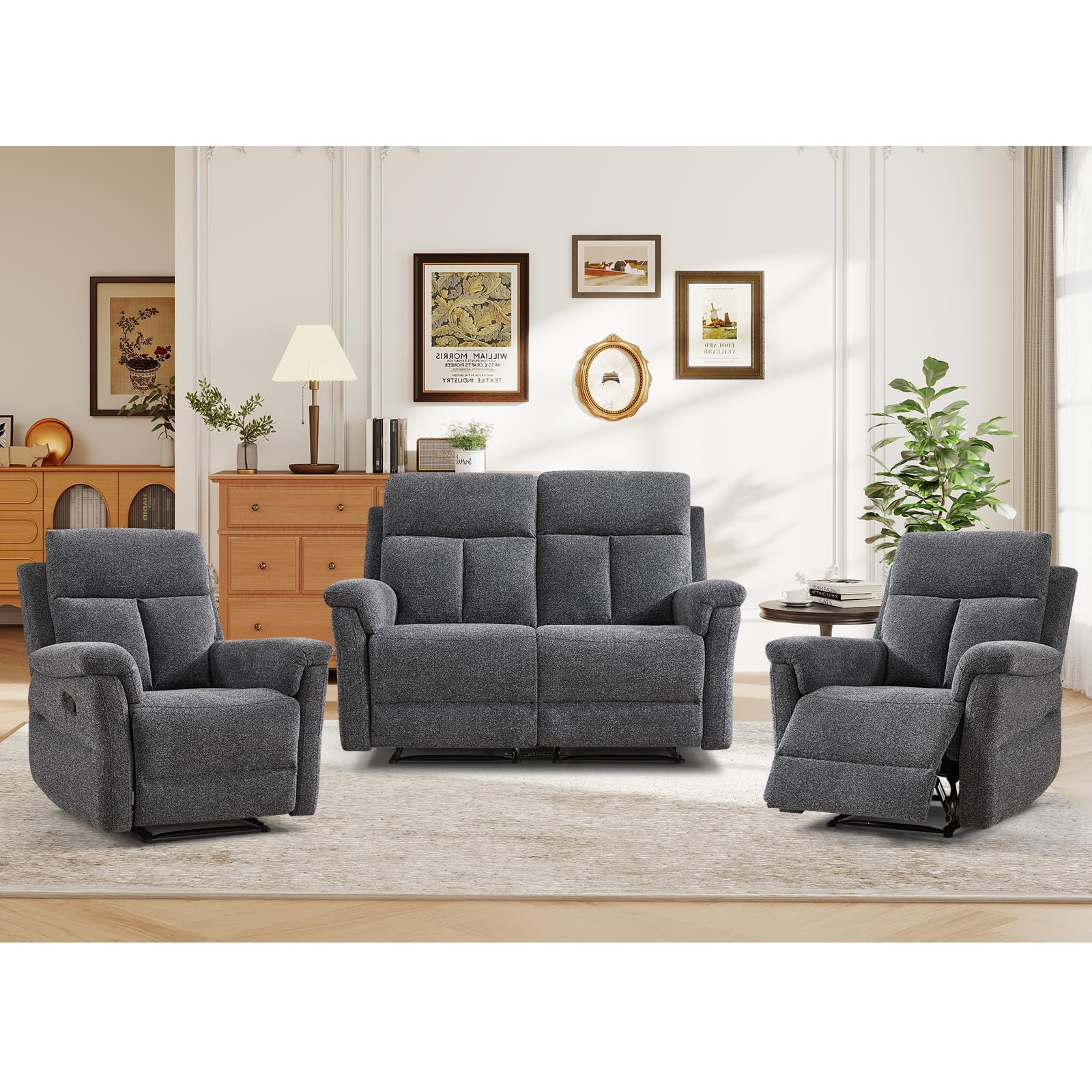 ANJ 3-Piece Manual Recliner Sofa Set, Two Recliner Chairs and One Reclining Loveseat with Overstuffed Backrest and Supportive Backrest, Fabric Reclining Couch Set for Living Room, Dark Grey
