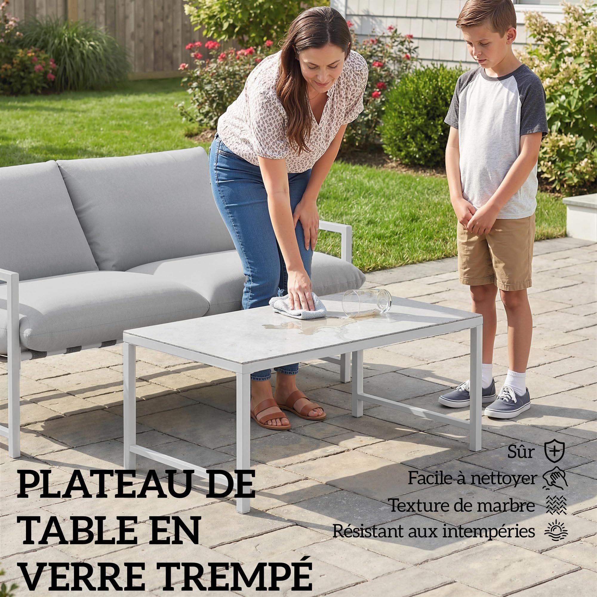 Outsunny Salon de Jardin Extérieur 2 Pièces, Canapé 2 Places avec 2 Coussins et Table Basse en Verre Trempé Marbré 3D, Mobilier de Jardin pour Terrasse Balcon Jardin, Acier, Gris Clair