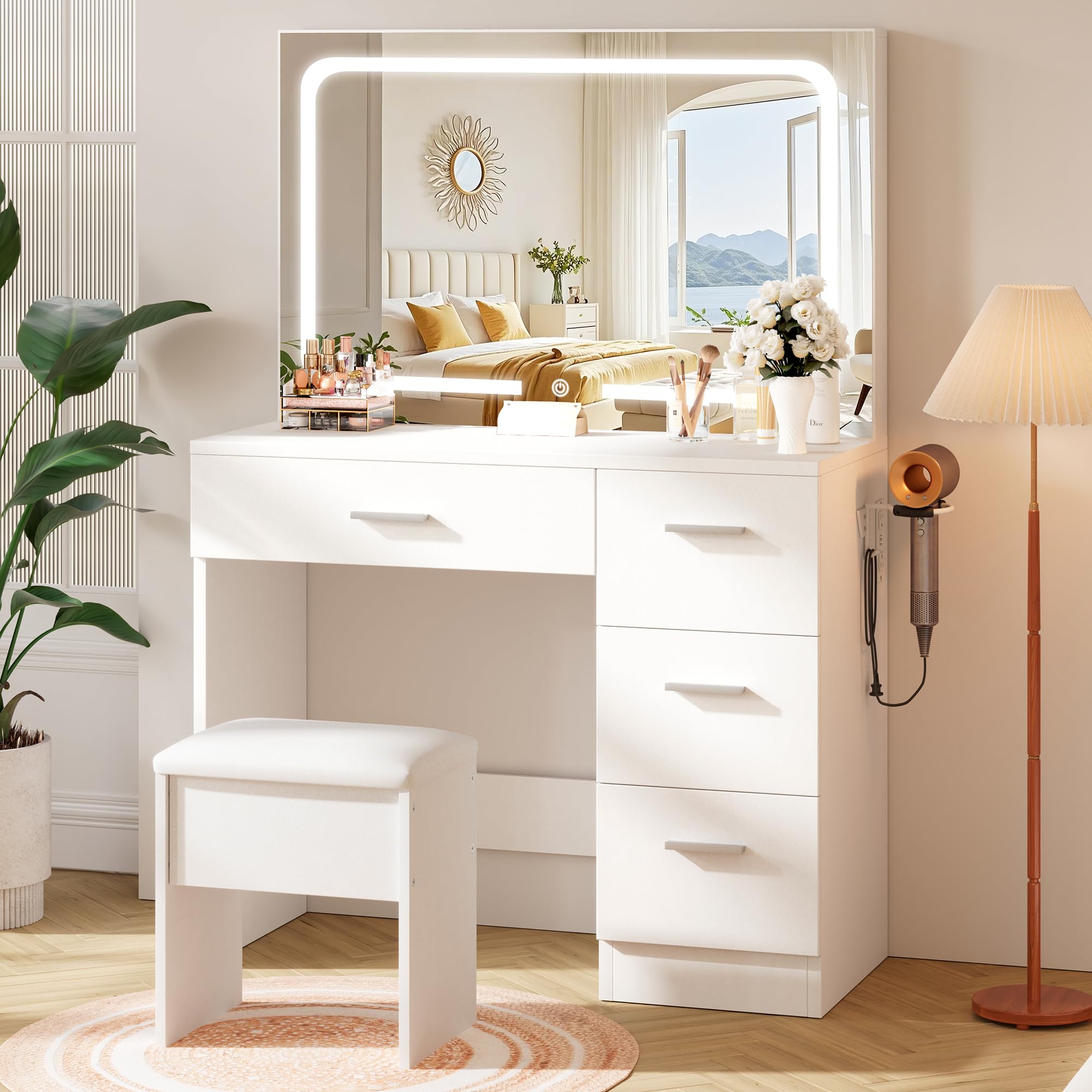 Photo 1 of ***Missing Hardware***LIVELYGLOW Makeup Vanity Desk with Charging Station & LED Mirror – 35.4" Vanity Set with 4 Drawers, 3 Lighting Modes – Modern Bedroom Furniture (15.7" D x 35.4" W x 53.9" H), White