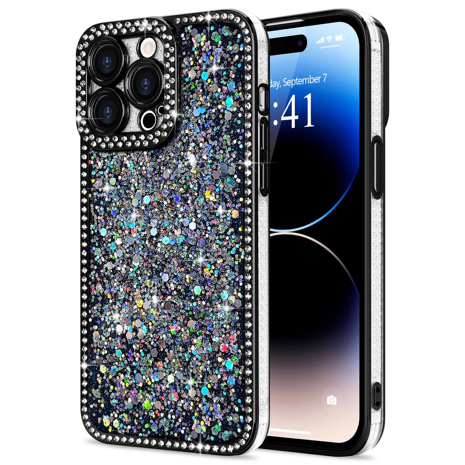 Lafunda Glitzer Hülle Kompatibel mit iPhone 14 Pro Handyhülle Mädchen Schuzhülle Glänzend Sparkle Diamond Hülle 3D Bling Kirstall mit Kameraschutz Case für iPhone 14 Pro Schwarz