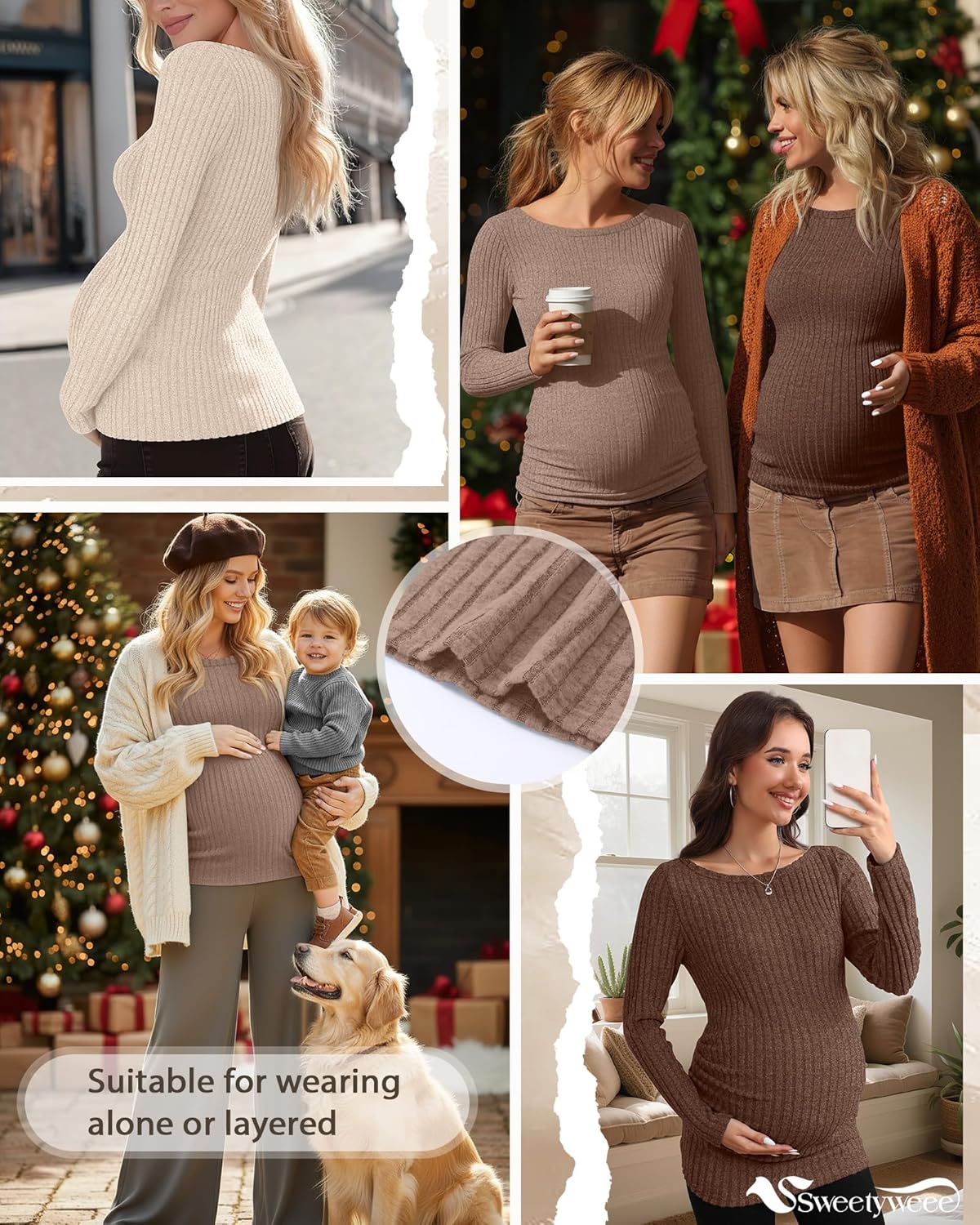 3 Pack Maternity Sweaters Long Sleeve Ribbed Maternity Shirts Lightweight Stretch Pregnancy Tops Winter Layering - Image 5