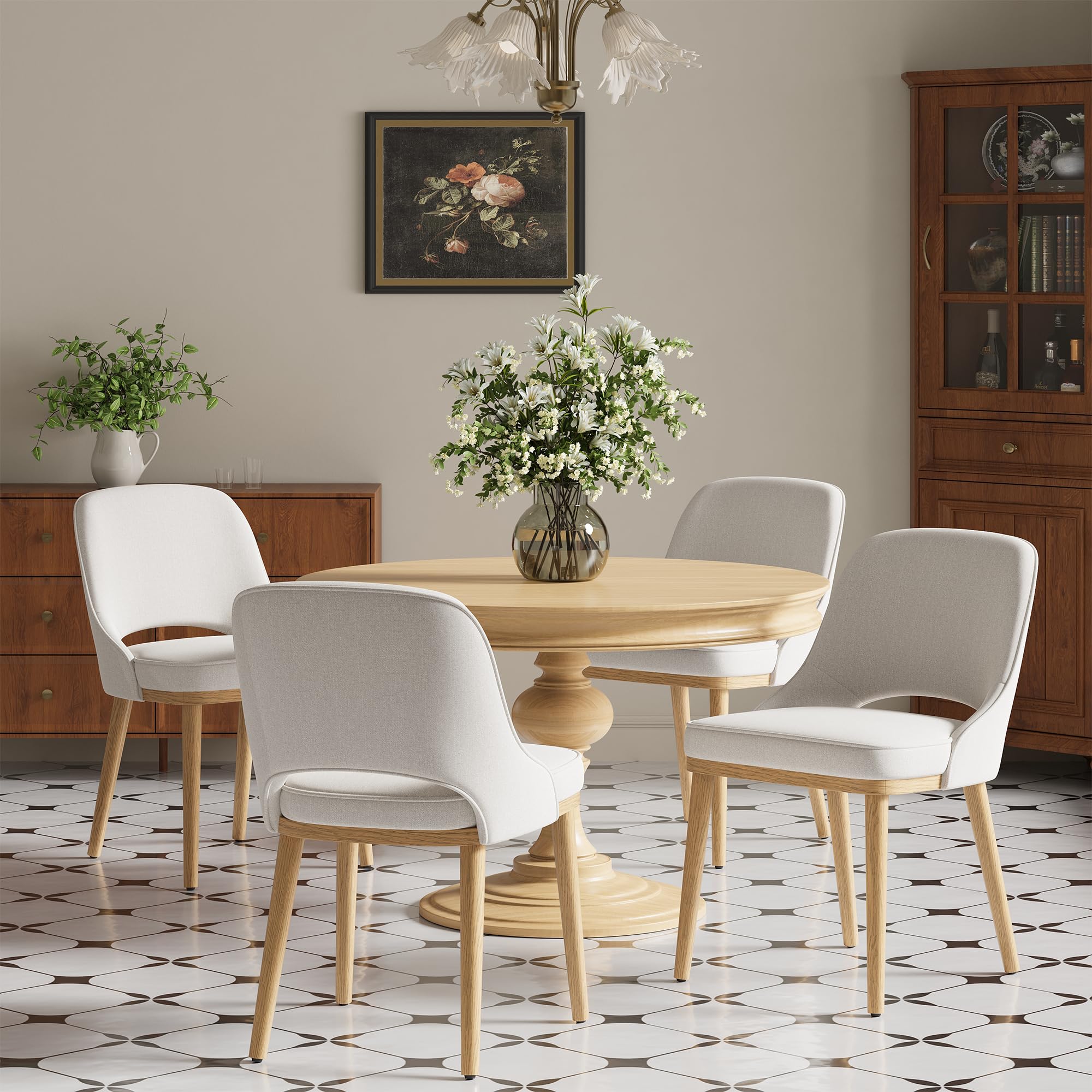 Dining Chairs Set of 4, Upholstered Dining Room Chairs with Chenille Fabric, Ergonomic Backrest, High Density Cushion & Rubber Wood Frame, Modern Kitchen Chairs for Dining Room, Living Room, Beige