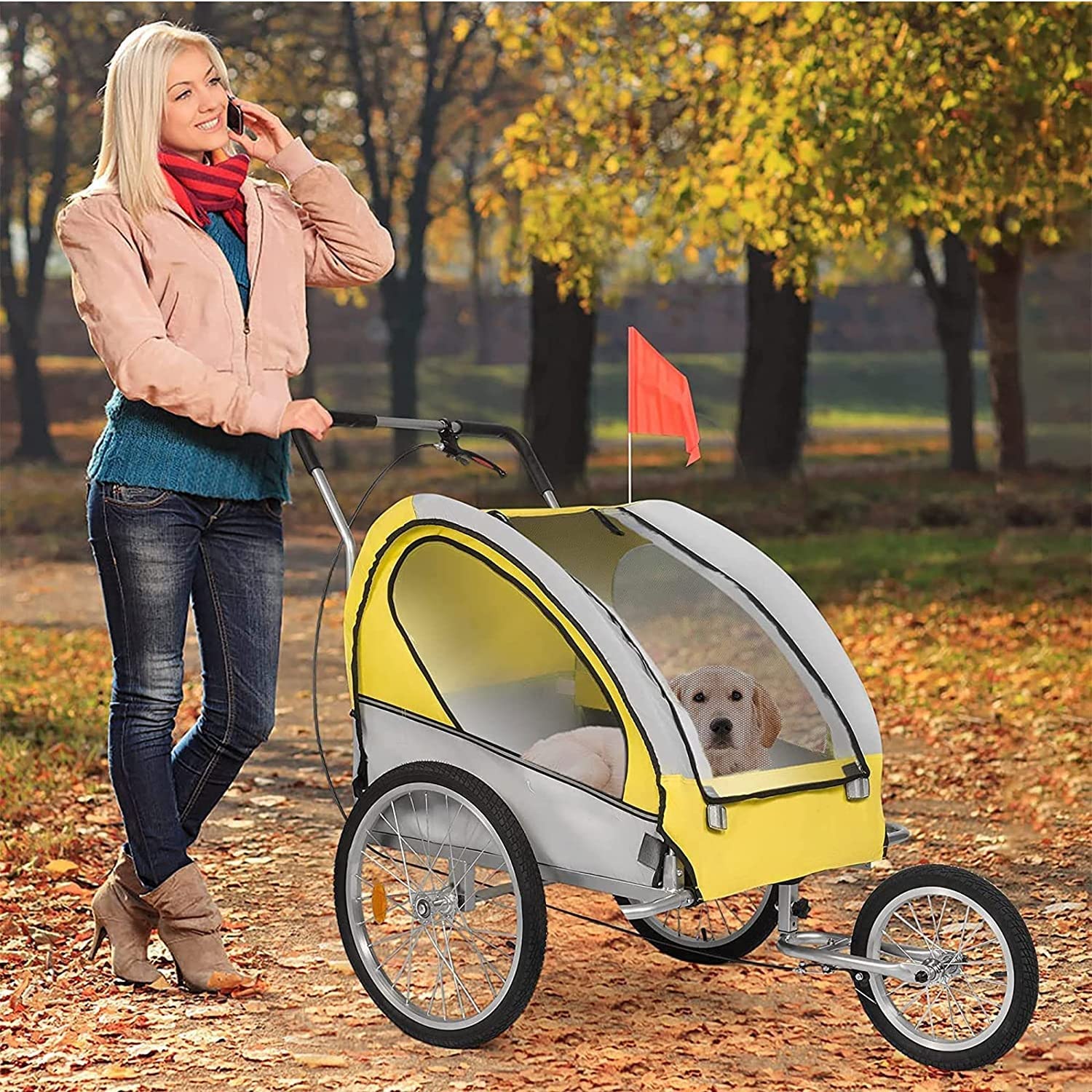 Rimorchio da carico per bici, Rimorchio per animali domestici, Rimorchio per bicicletta e passeggino per cani da compagnia 2 in 1, con finestra in rete, Carico telaio resistente 40 kg, Piegatura com