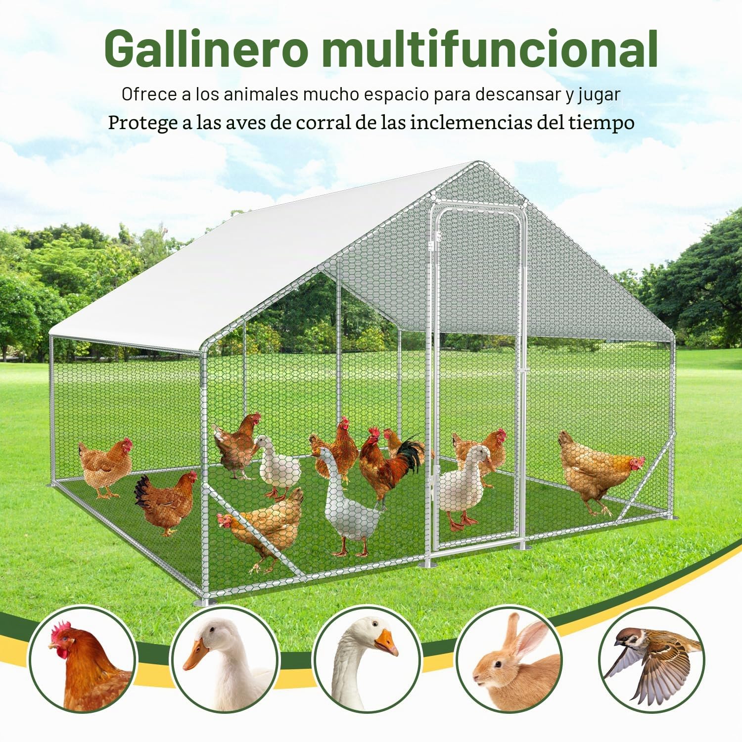 Gallinero con zona libre, 3x3x2m con cerradura de seguridad y tela impermeable de PE, fácil de limpiar, zona libre para gallinas, jaula para pájaros, pequeños animales y plantas