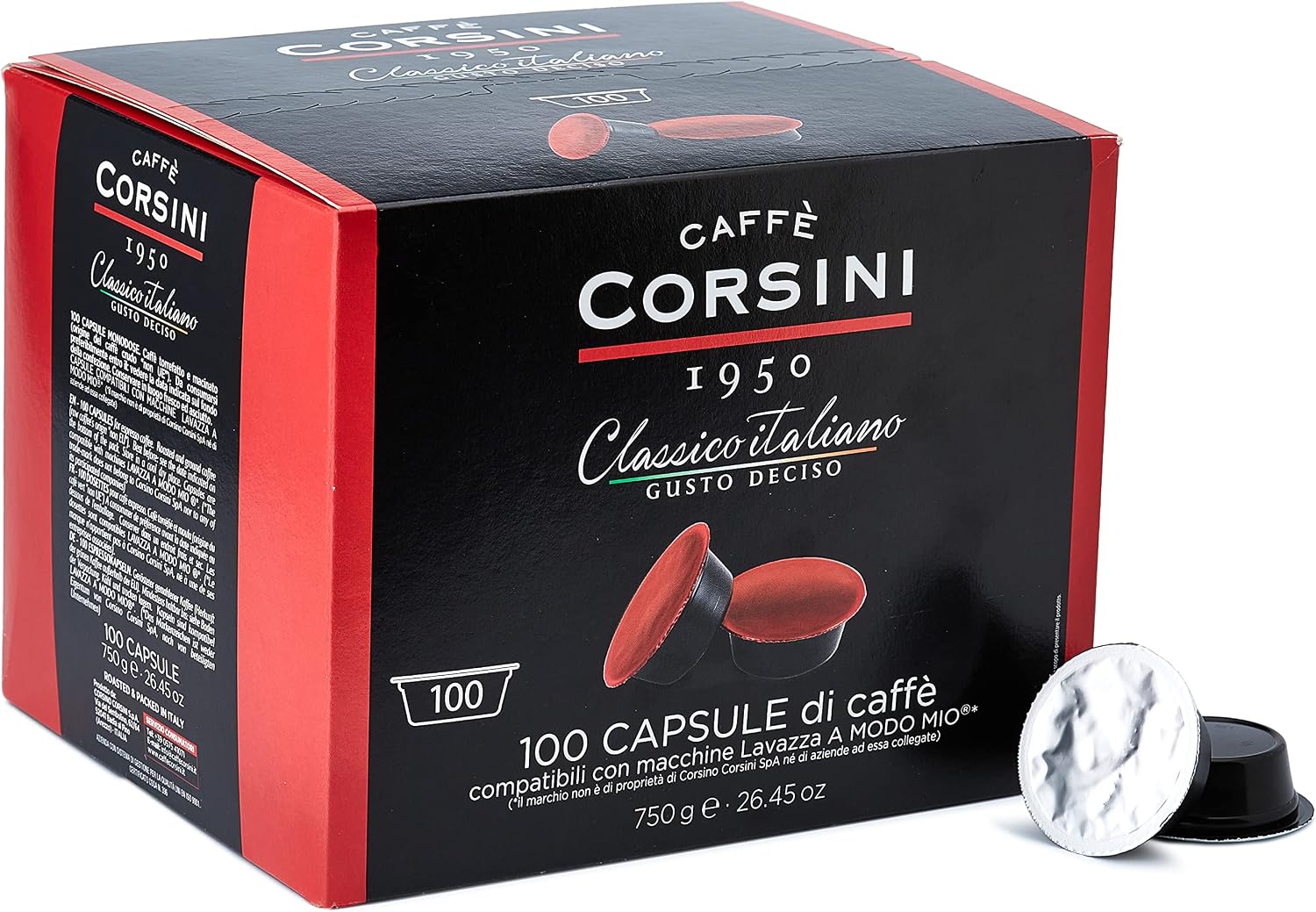 Caffè Corsini Classico Italiano, Capsule Compatibili Lavazza, A Modo Mio, Da 7.5 Grammi Di Caffè Macinato, 100 Unità, Confezione da 1