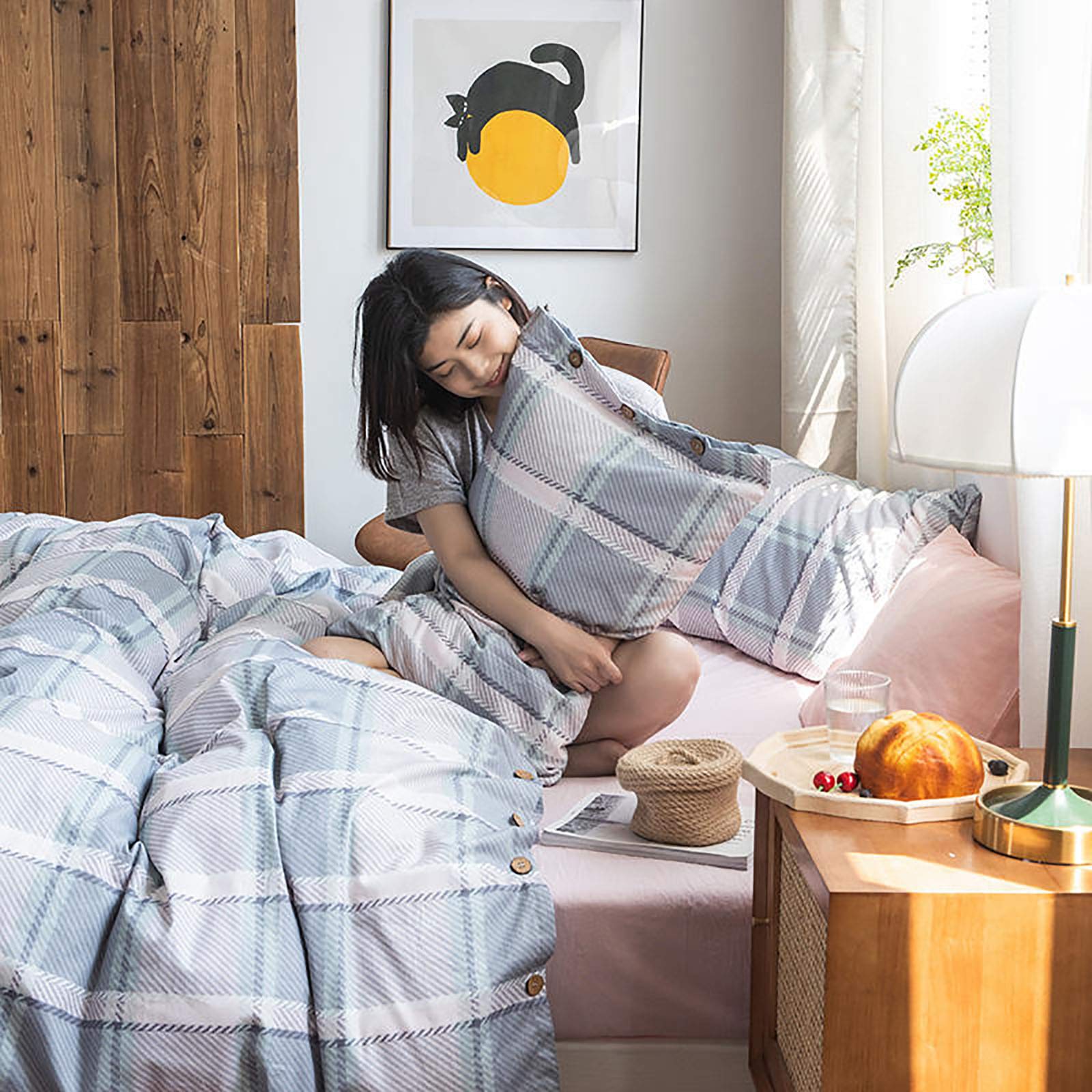 Amazon｜現代 綿 格子 縞 寝具セット,可逆 チェッカー 羽毛布団カバー