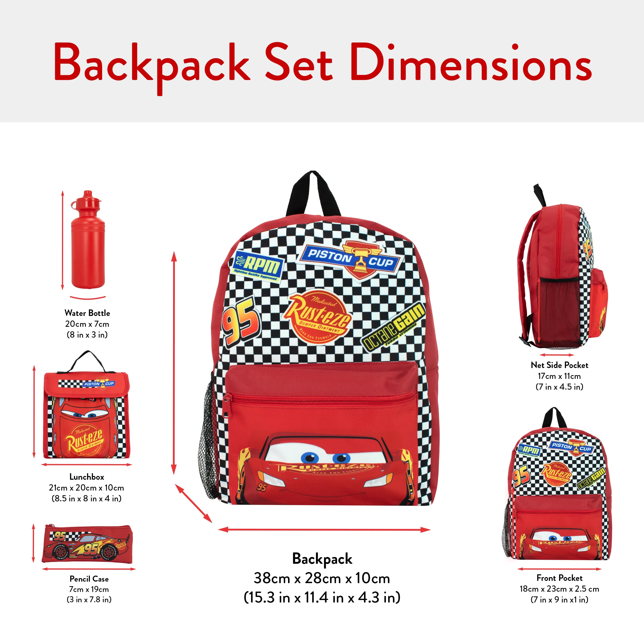 Disney Juego de Mochila Cars de 4 Piezas | Mochila Rayo Mcqueen, Estuche para lápices, Botella de Agua y Bolsa para el Almuerzo | Mochilas Infantiles para El Colegio Y Las Aventuras