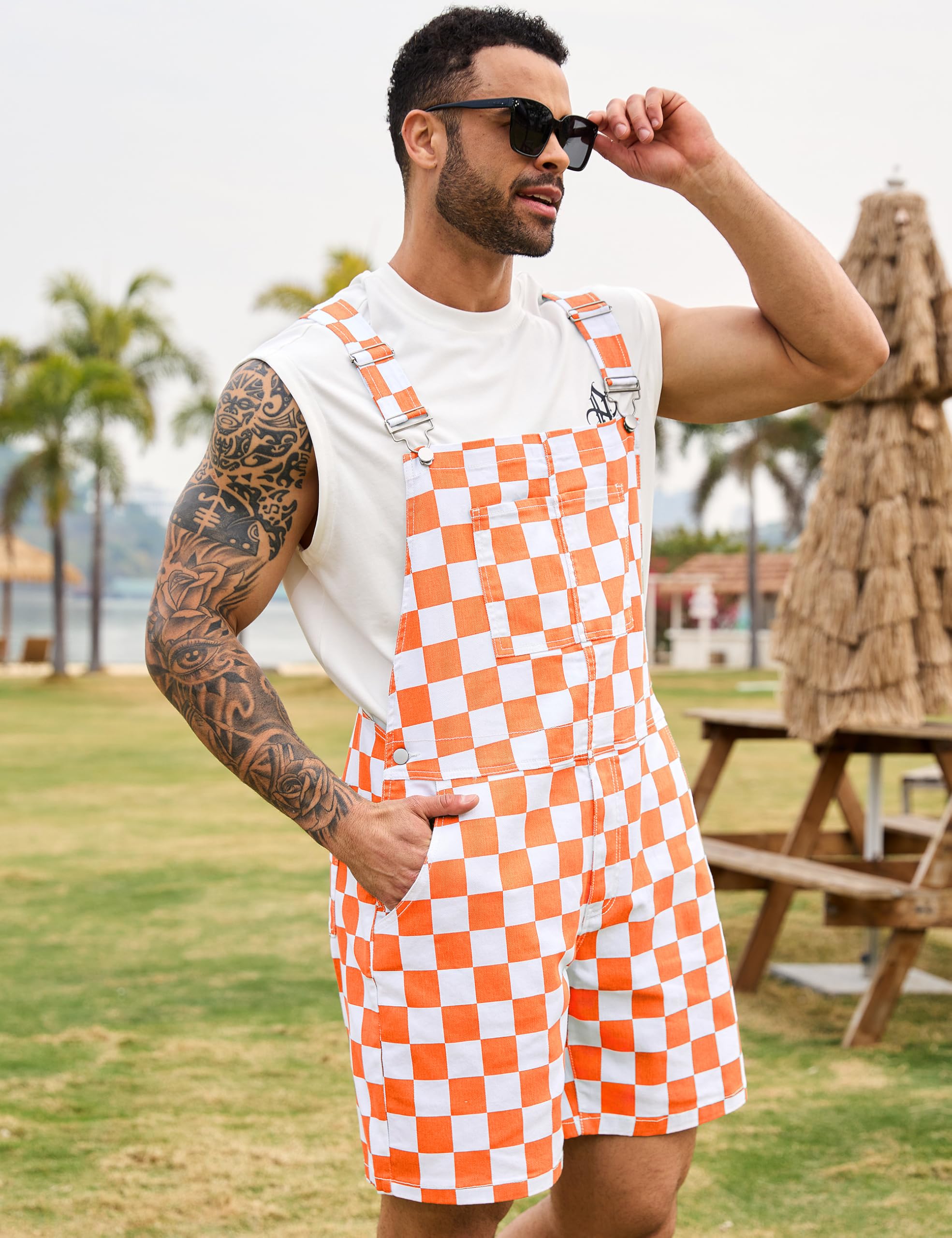 Odefou Karierte Latzhose für Herren, Overall, Shorts, Arbeitsoverall