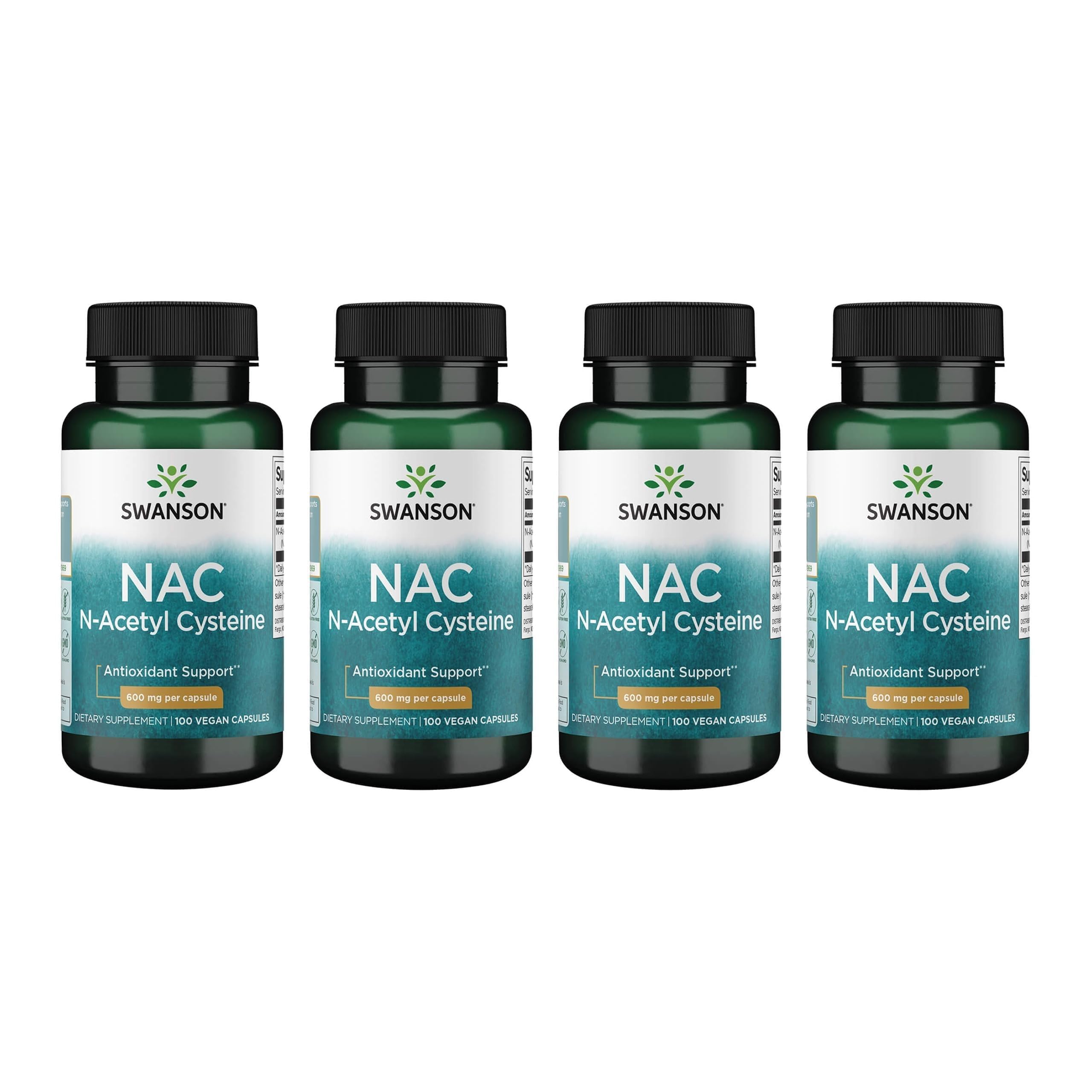 Swanson NAC N-Acetyl Cysteine, 600 mg, 100 Vegan Capsules, 4 Pack 100 Count (Pack of 4)