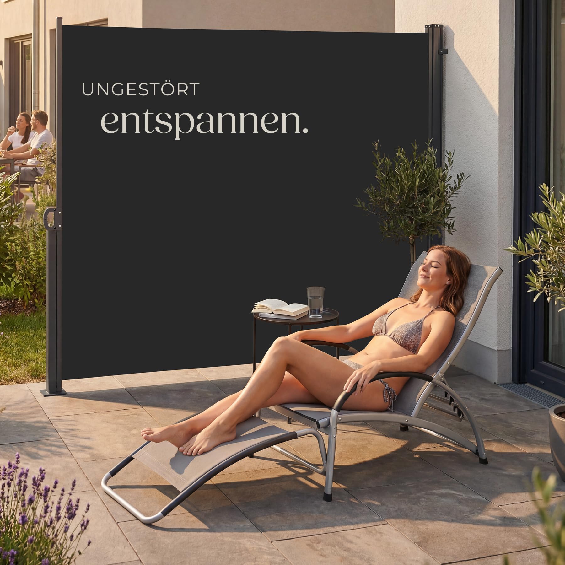 tectake® ausziehbare Seitenmarkise, 180 x 300 cm, wetterfest, Blickdicht, mit Aufrollmechanismus, Schutz vor Sonne und Wind, Seitenbeschattung, Seitensonnenschutz, Seitensichtschutz - schwarz