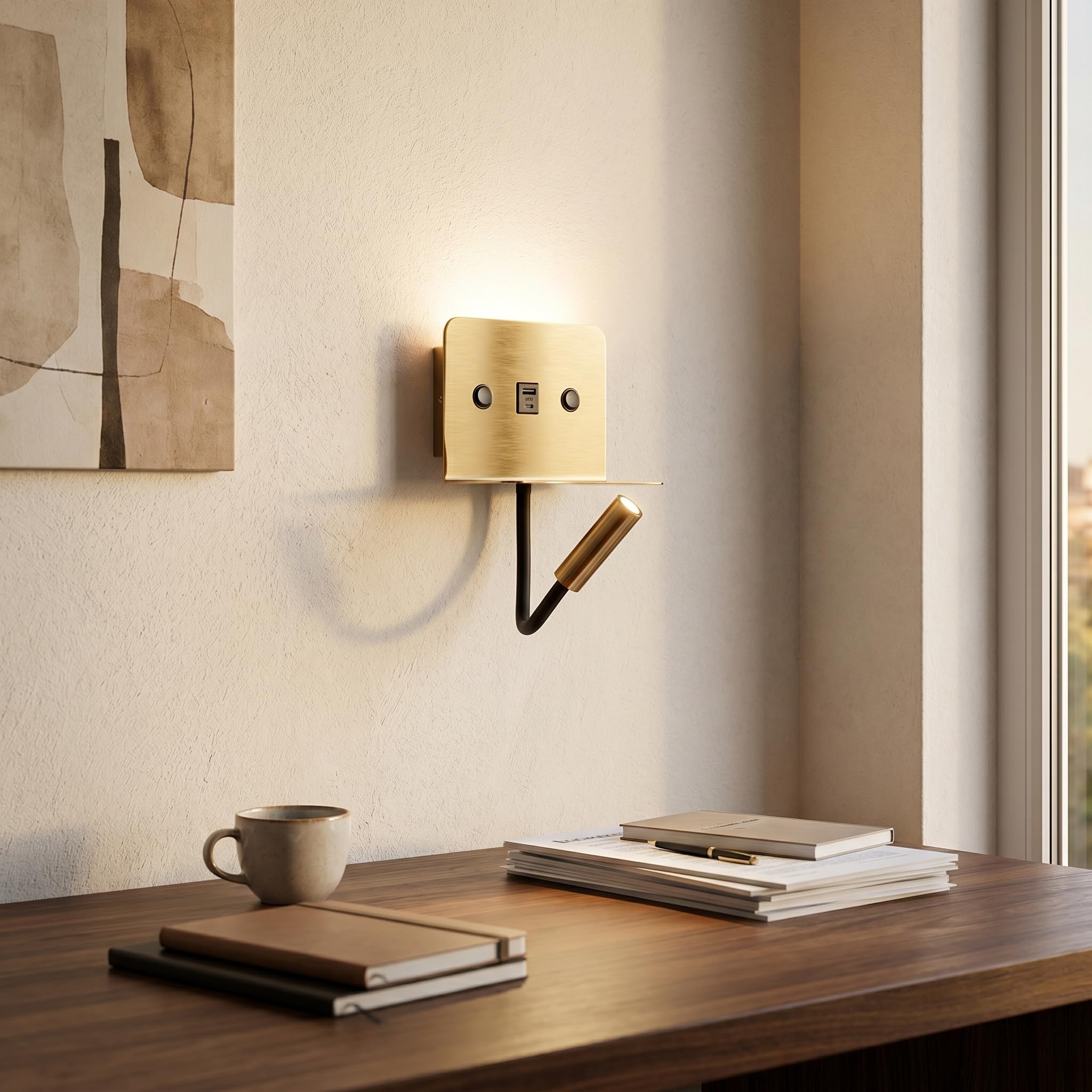 BARCELONA LED Applique Murale LED de Lecture SLANGE 2 Doré 3W+6W USB USB-C Lampe Chevet avec Étagère, Double Éclairage Indépendant, Lumière Chaude 3000K, Bras Flexo Orientable