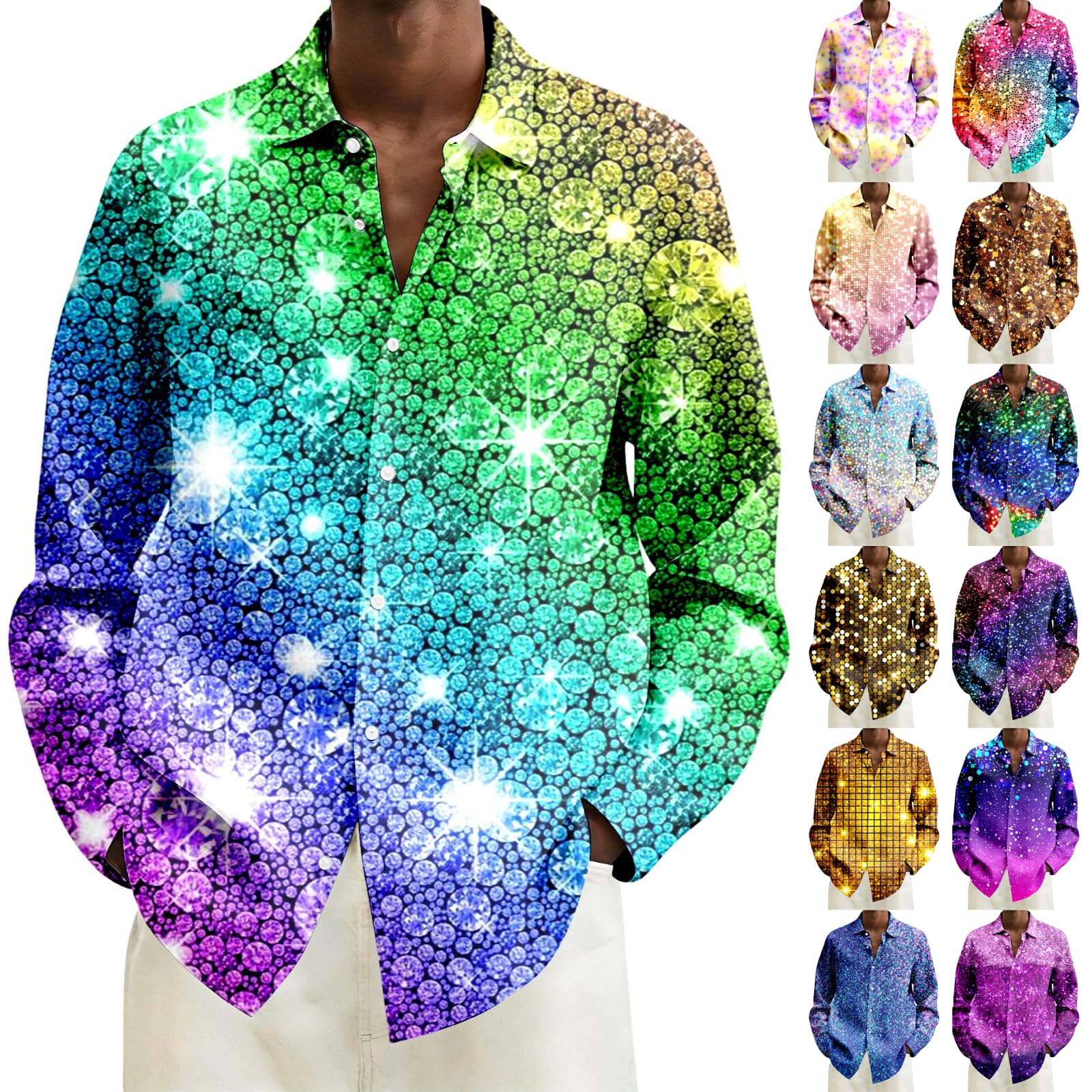 Men's Glitter Shirt: Colourful Gradient Sequin Shirt Long Sleeve - 70s 80s Retro Disco Outfit Carnival New Year's Eve Party Rave Festive Costume Funny Blouse with Button Down Men Slim Fit Glitter