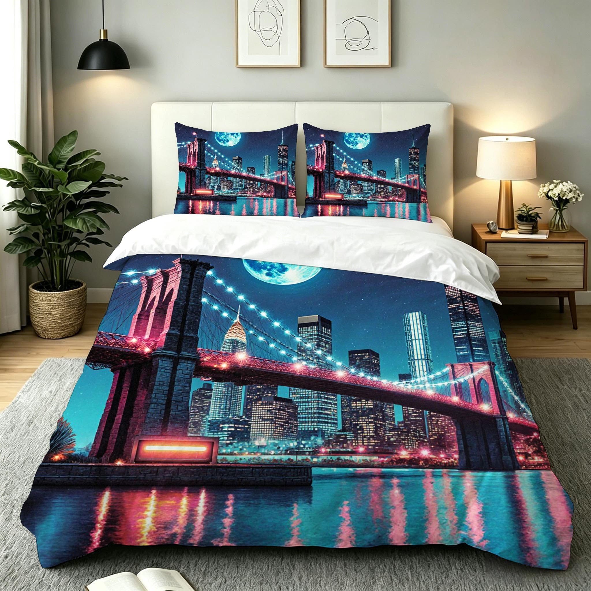 Parure de lit 160x200 microfibre avec housse de couette imprimé pont bleu