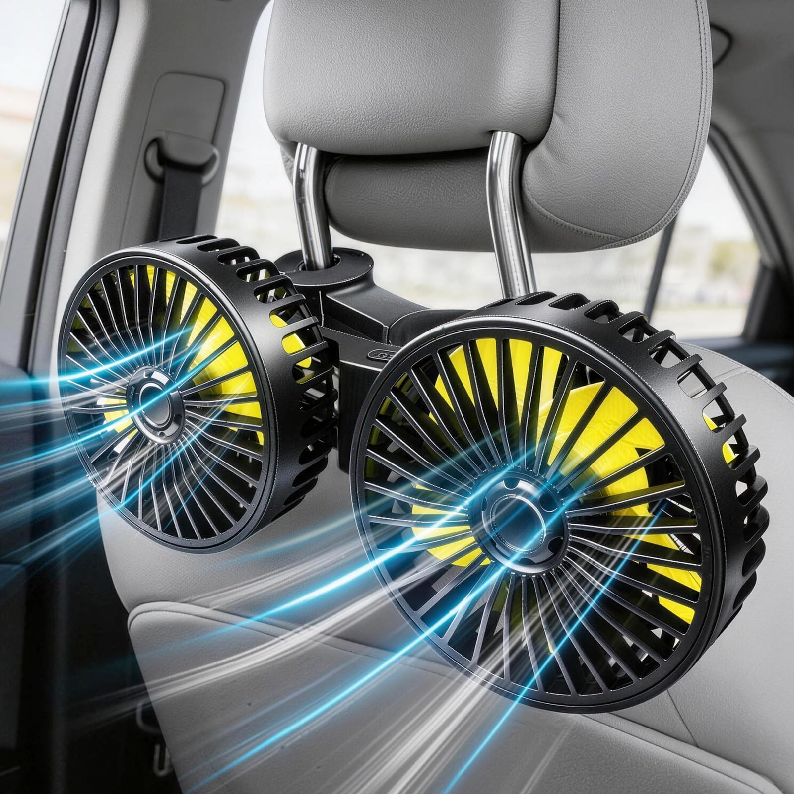 Photo 1 of Poraxy Car Fans for Backseat Kids, Dual Head Car Fans that Blow Cold Air, Cooling USB Back Seat 3 Speed 360 Degree Rotatable Headrest Fan, Adjustable Clip Vehicles Rear Seat Air Fan for Sedan SUV RV