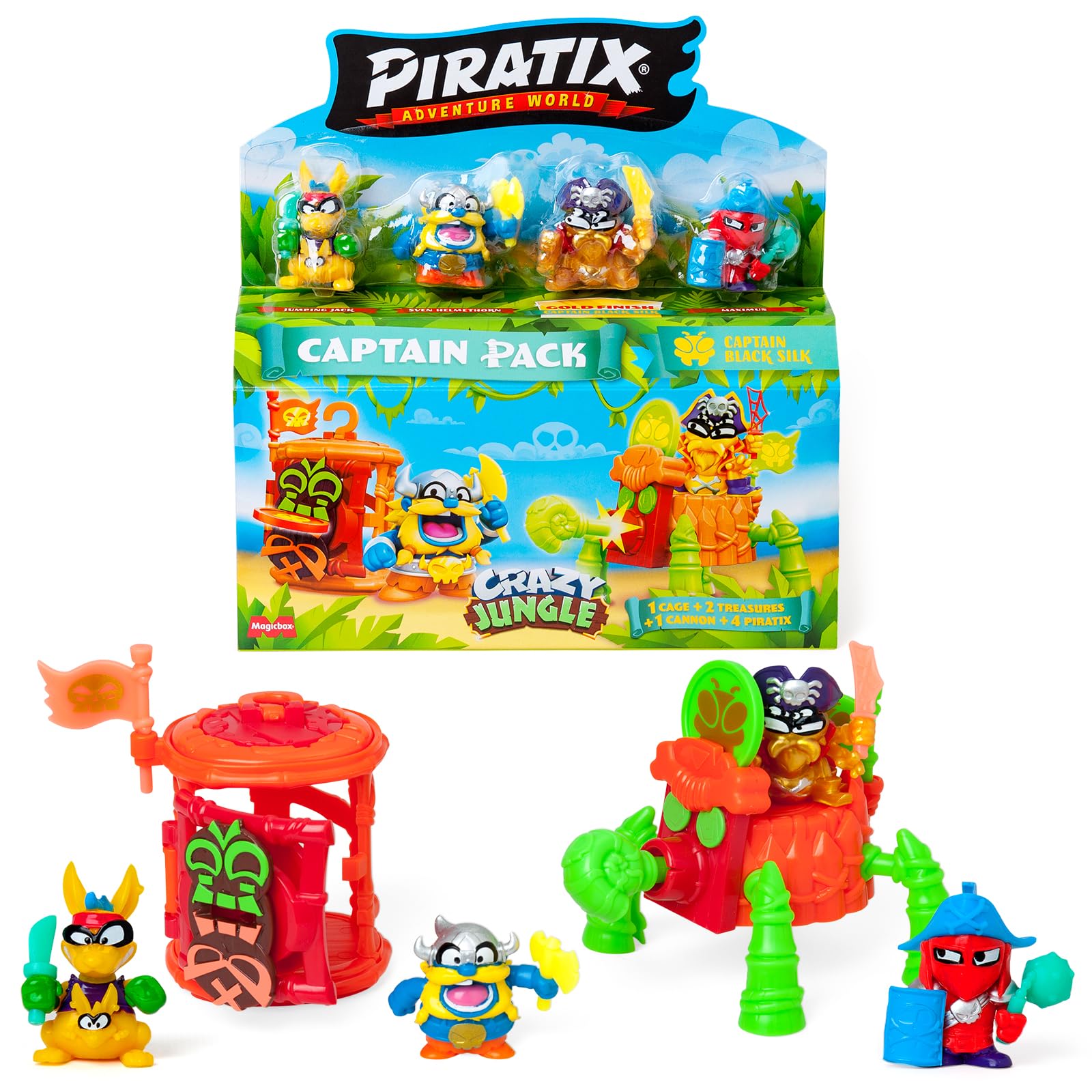PIRATIX ADVENTURE WORLD Crazy Jungle Series – Captain Pack Black Silk: 4 Piratix, 1 golden Captain, 4 neon accessories, 1 Cage, 1 Cannon, 2 neon treasures, 2 neon flags. Pack 1 out of 6
