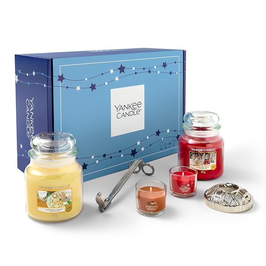 Yankee Candle | Set regalo di Natale | 2 candele profumate in giara media, 2 candele votive piene | Taglia stoppino e puntale per candela con coperchio Illuma | Set di 6 candele |perfetti per le donne