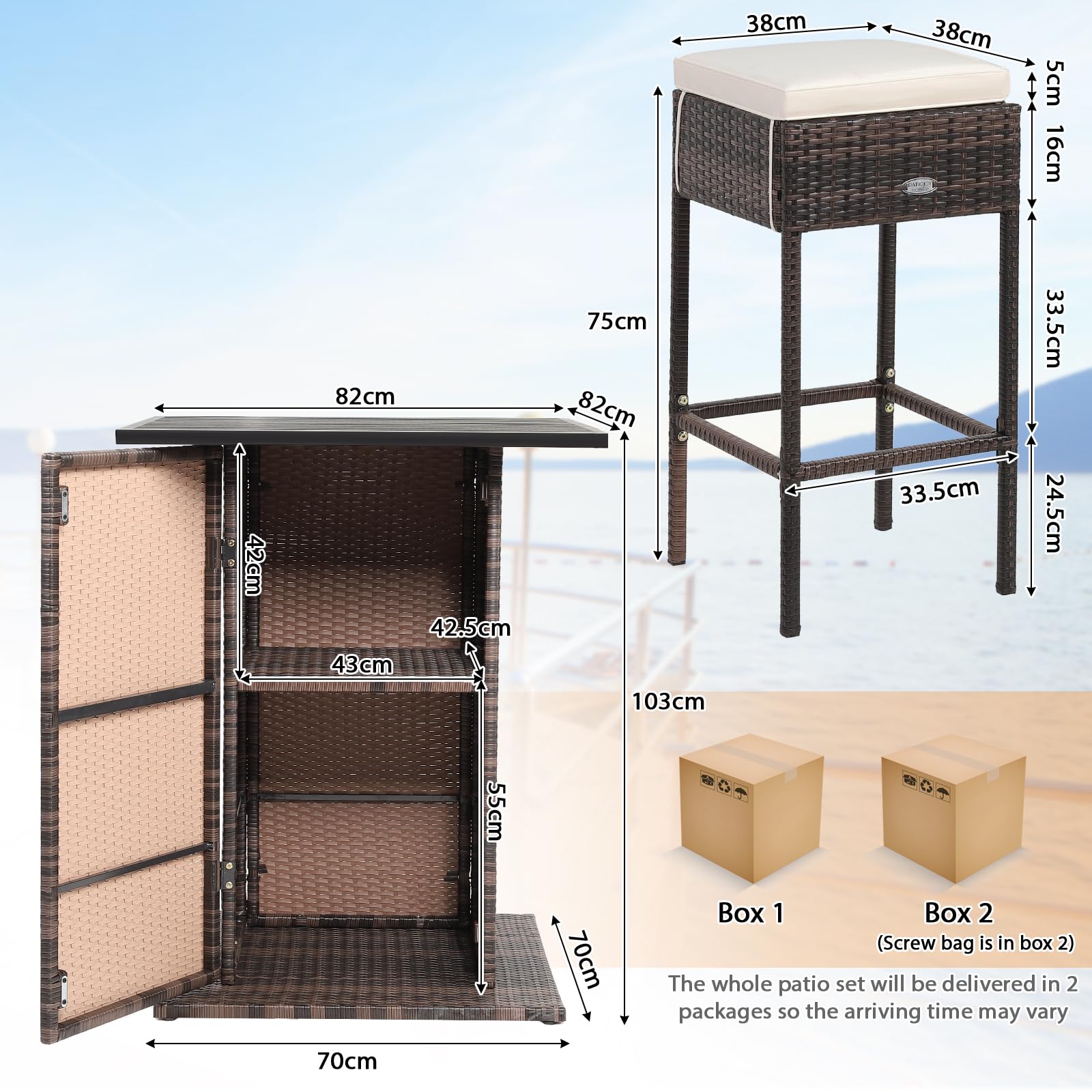 GIANTEX Ensemble de bar extérieur en rotin 5 pièces, table et 4 tabourets hauts avec coussins amovibles