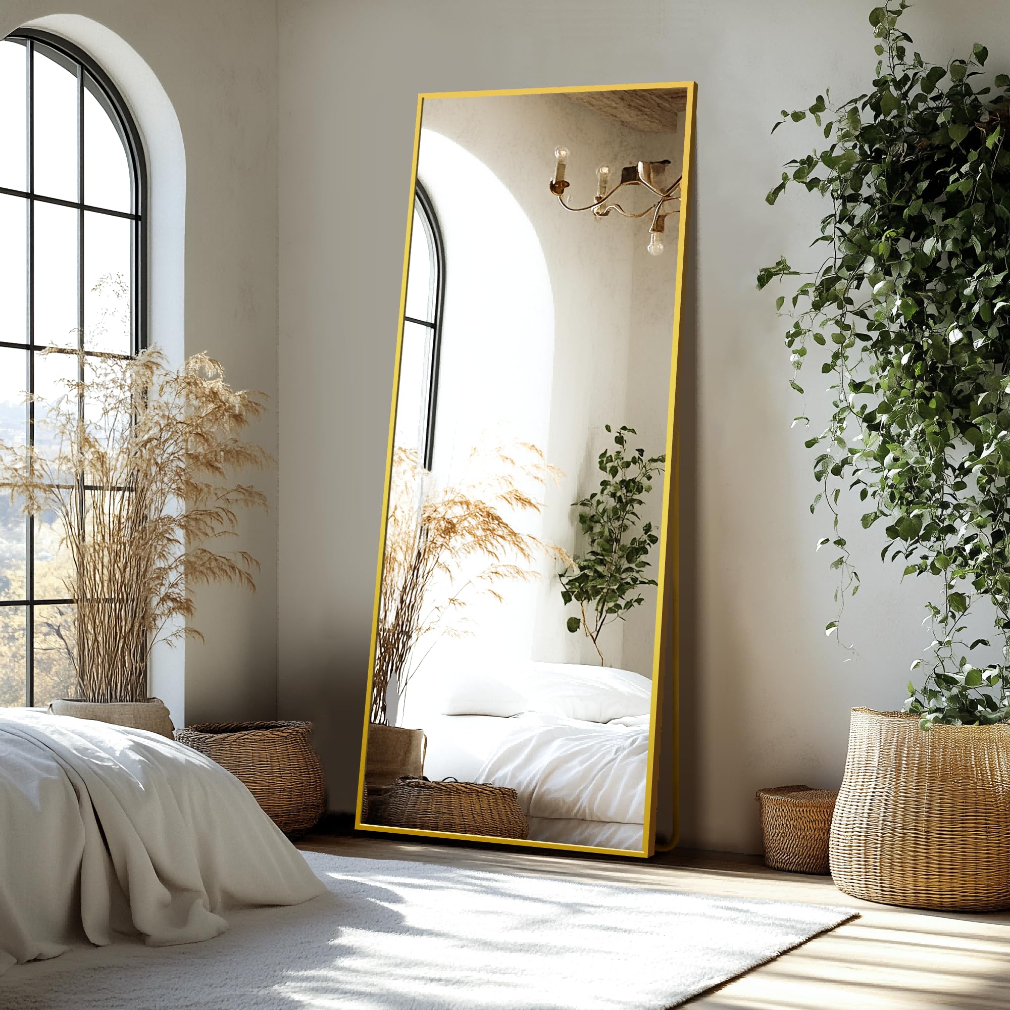 Delma Full Length Standing Mirror,Large Floor Mirror with Aluminum Frame for Bedroom, Bathroom, Living Room,Wall Mount or Freestanding Design(with Stand,Rect 69x24-Gold)