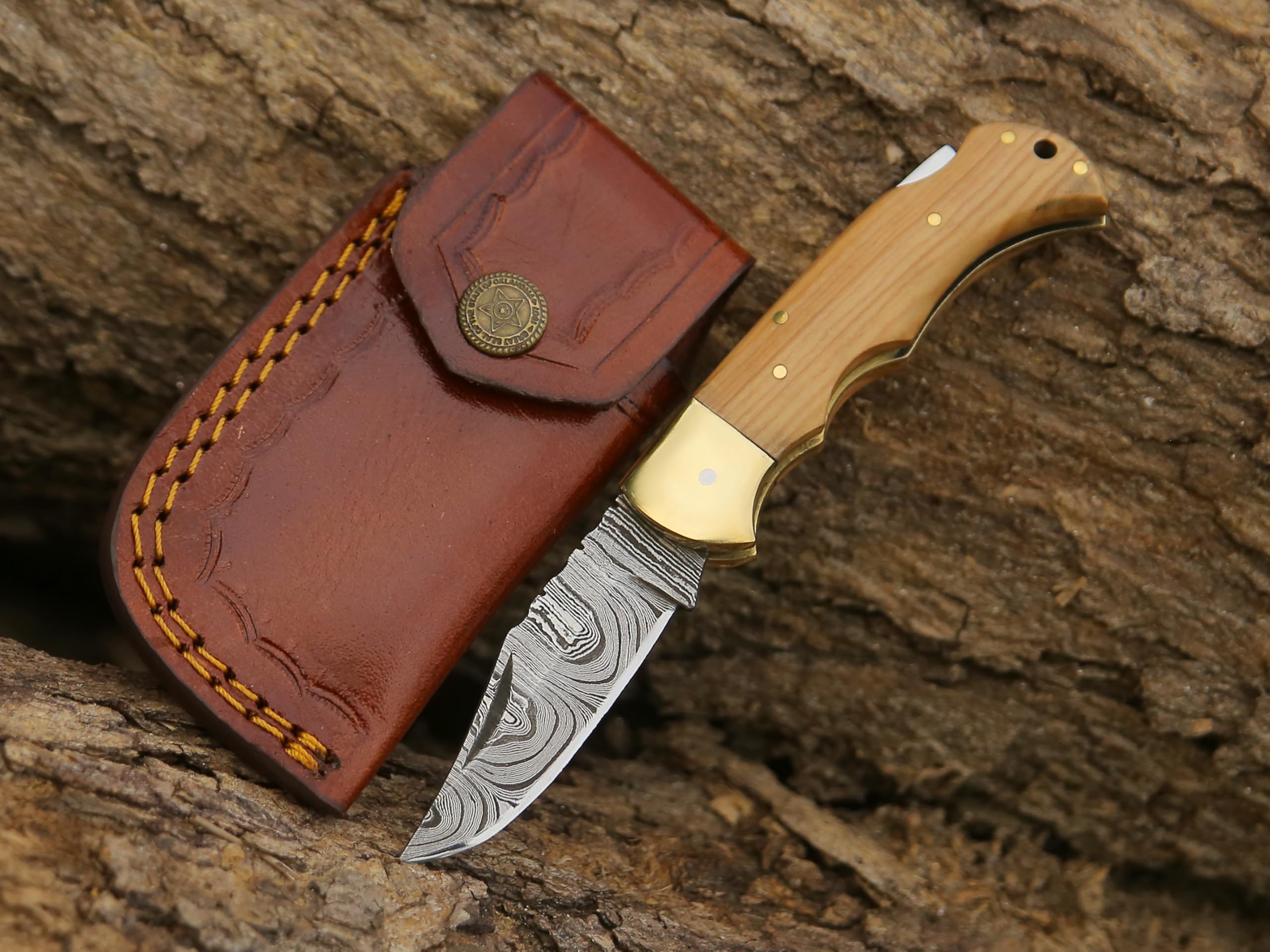 FIFFO BLADE Handmade Damascus Steel Folding Knife with Leather Sheath - 6.5