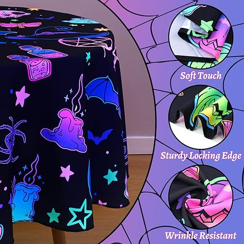 Miniatura 3 de Alishomtll Mantel redondo fluorescente de Halloween de 60 pulgadas, mantel redondo para pedir dulce o truco, mantel impermeable con calabazas,