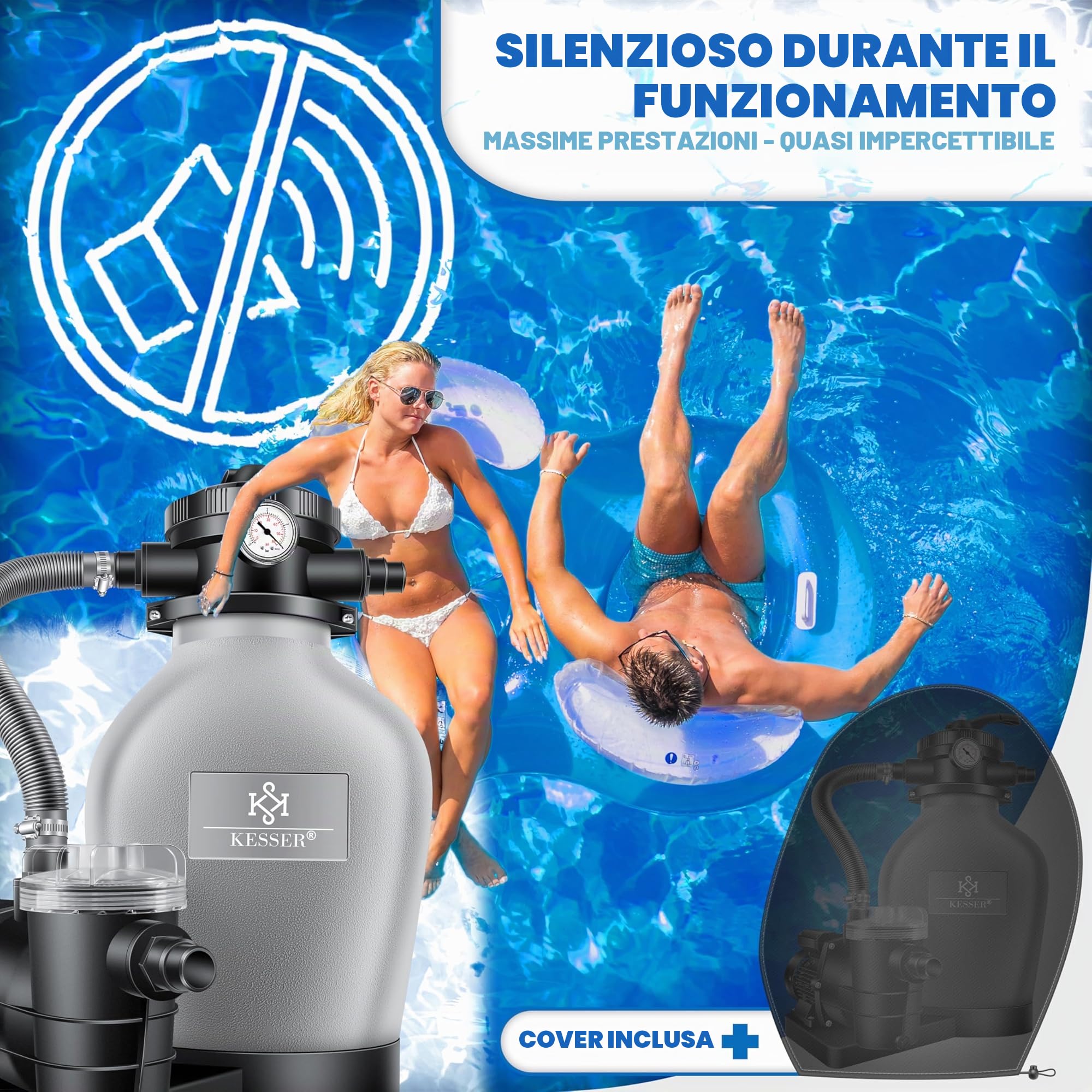 KESSER® Impianto di Filtraggio a Sabbia + 700g Palline Filtranti Per 25 kg Sabbia, Valvola a 7 Vie con Indicatore di Pressione, Filtro Piscina 10 m³/h Per Caldaia