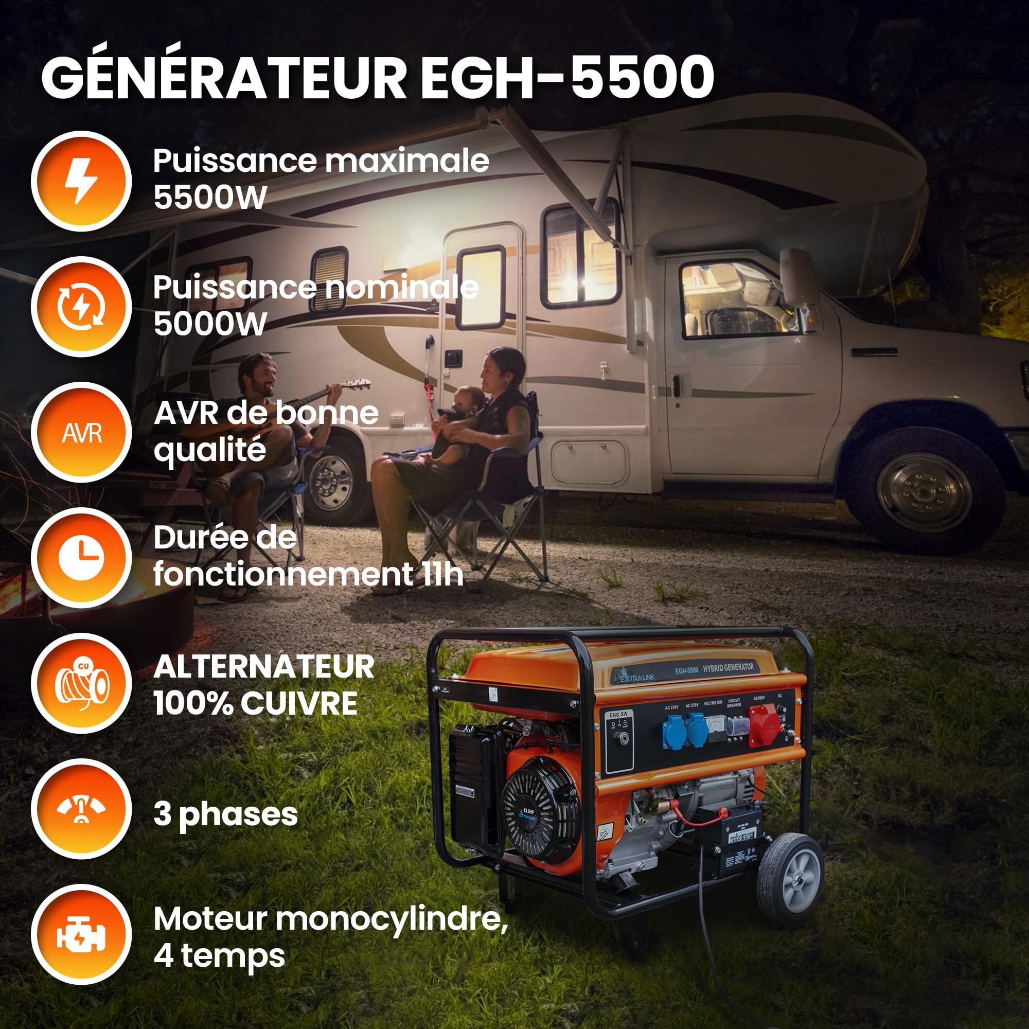 Extralink Groupe électrogène 5500W Essence/GPL | Moteur 188F-M, onde sinusoïdale pure, 2×230V & 1×400V, démarrage électrique | mobile et silencieux pour maison et chantier