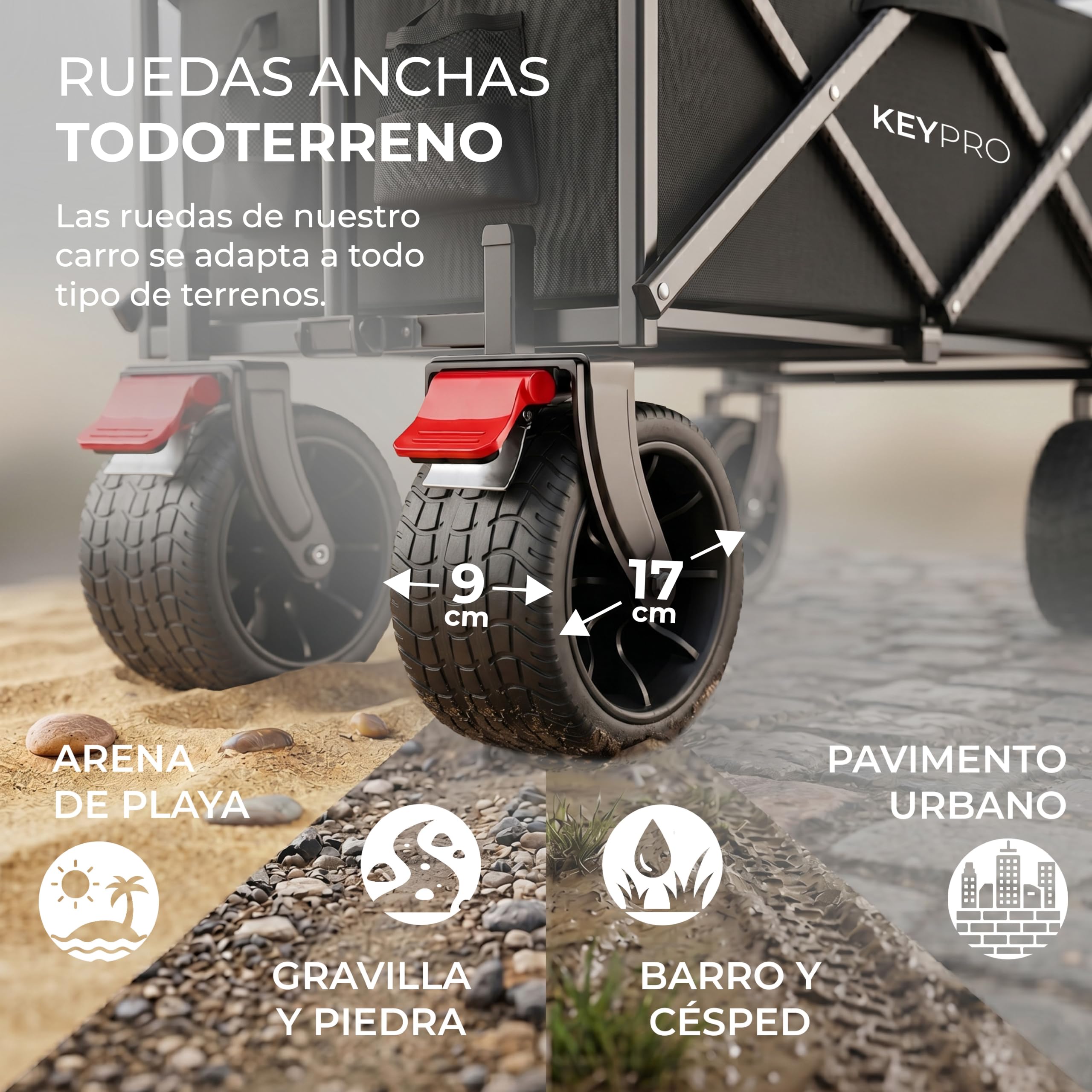 KEYPRO - Carro Plegable de Playa y Camping | Capacidad 150kg - 100 L | Ruedas Todoterreno | Frenos | Estructura Robusta | Carro Grande Multiusos | Carrito Plegable