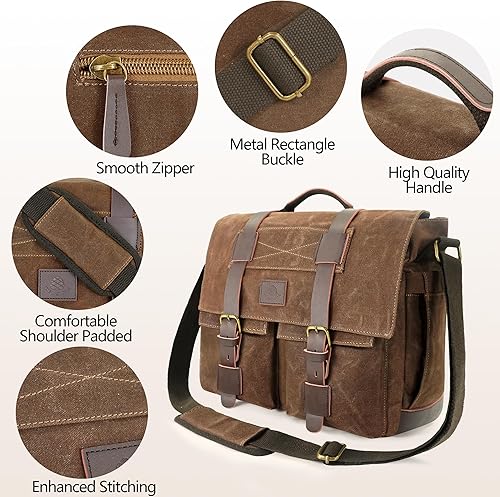 Miniatura 5 de Bolsa de mensajero para hombres, bolsa para laptop de 14 pulgadas, bolsa de mensajero de lona encerada resistente al agua, maletín cartera vintage