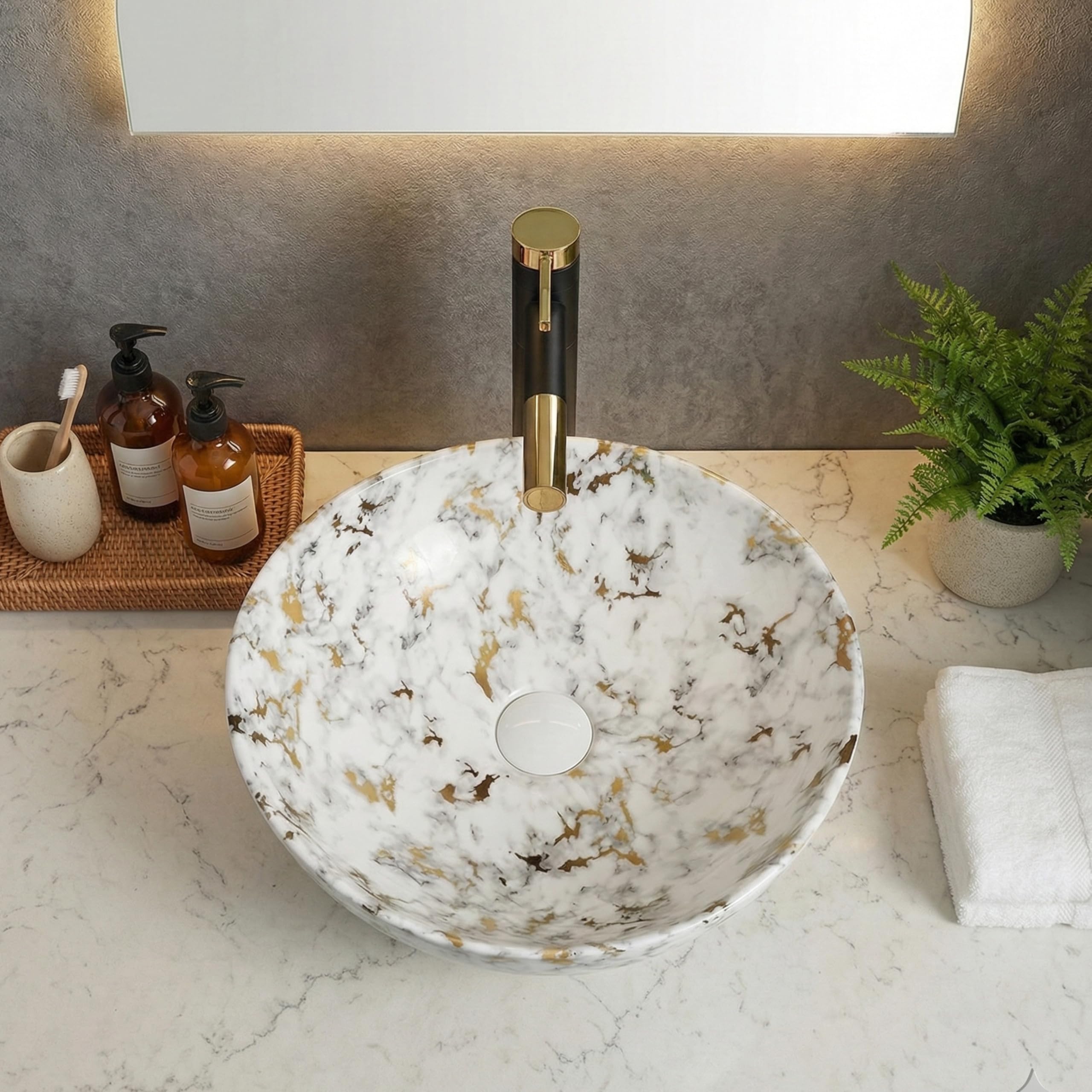 BASSINO 16x13x5.5 Inches Table Top Washbasin/1 Year Warranty/Ceramic Wash Basin for Bathroom/Boat-Cut Shape Counter Top Wash Basin for Dining Hall/Living Room/Tabletop Sink(Mix White Marble) 2