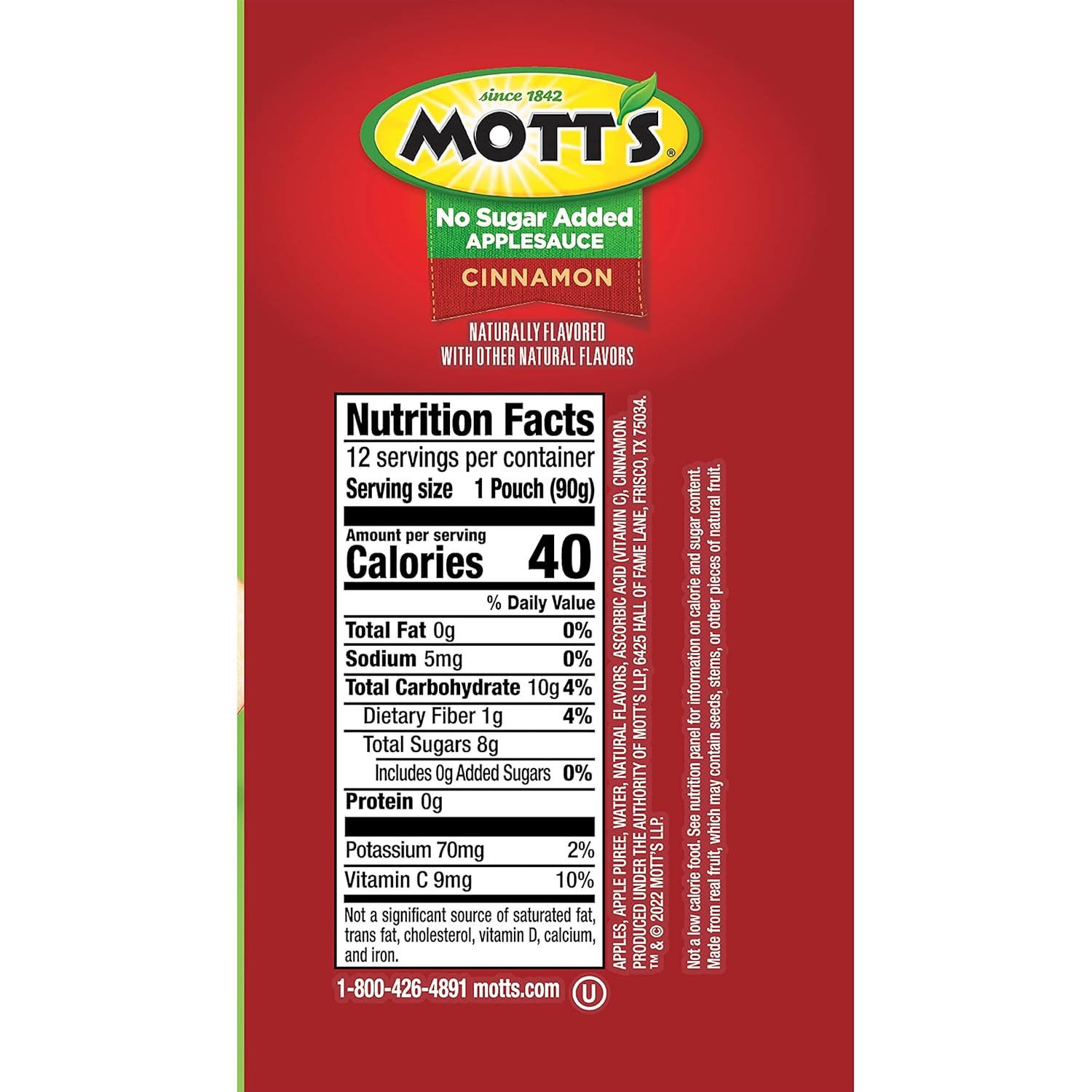 Mott's No Sugar Added Cinnamon Applesauce, 3.2 Oz Clear Pouches, 48 Count (4 Packs Of 12), Good Source Of Vitamin C, No Artificial Flavors