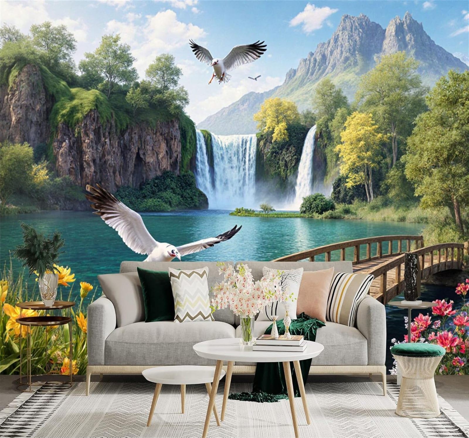 XLMING Wooden Bridge Waterfall Lake Flowers Mountains 3D Wallpaper Premium Textured Silk Study Dining Living Room Bedroom Sofa TV Wall Easy Install-350cm×256cm