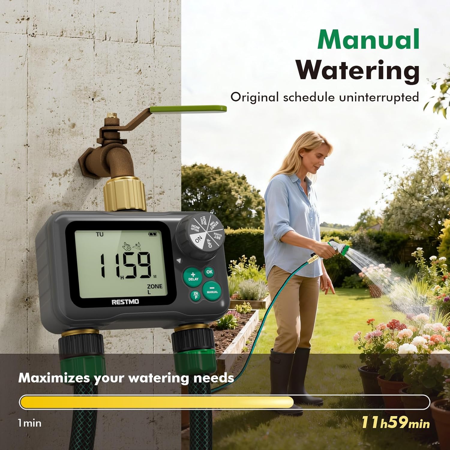 RESTMO Remote Control Brass Sprinkler Timer for Outdoor Hose Faucet 2 Zone, Max 11h59m Programmable Water Timer for Soaker Hose, Misting with Large Dial, Rain Delay/Manual/Automatic Irrigation System