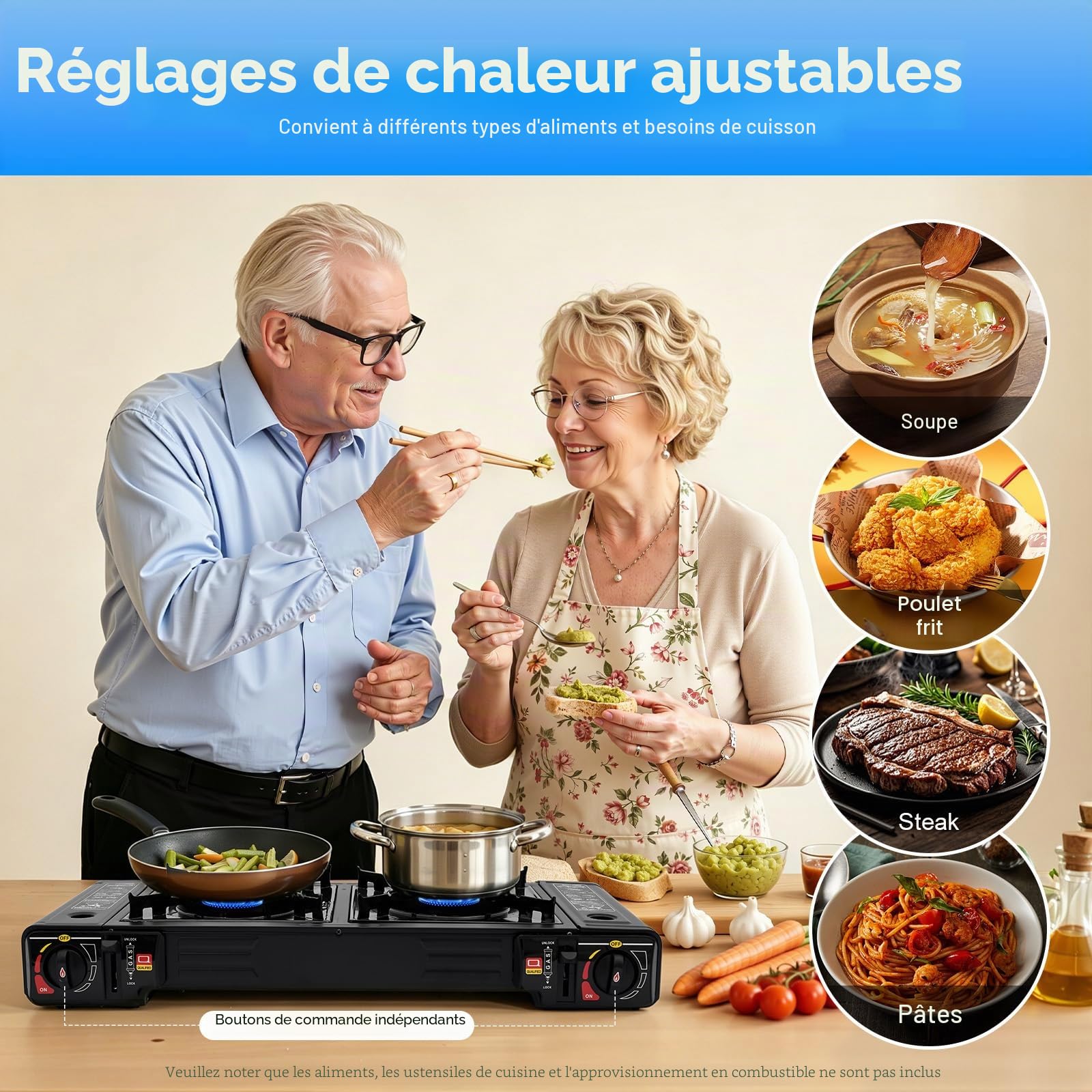 Cuisinière à gaz de camping 2 brûleurs, butane avec stockage, poêle de camping portable, allumage piézoélectrique automatique, brûleur de camping LPG pour camping-cars, appartements,