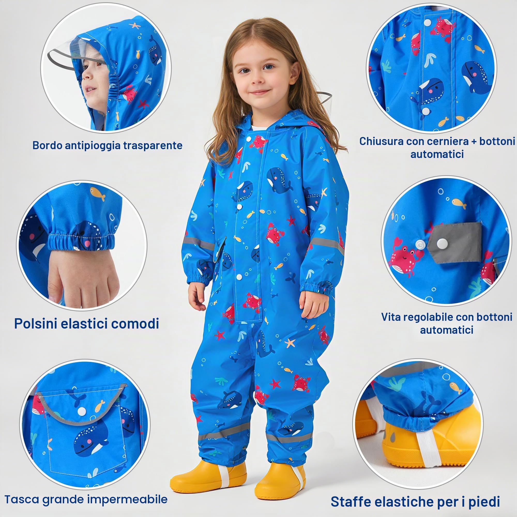 Fewlby Tuta Impermeabile Bambino, Tuta Pioggia Bambini Giacche Impermeabili Poncho Antipioggia con Cappuccio Ragazze Ragazzi Giacche da Pioggia in Cartone Animato per 1-10 Anni