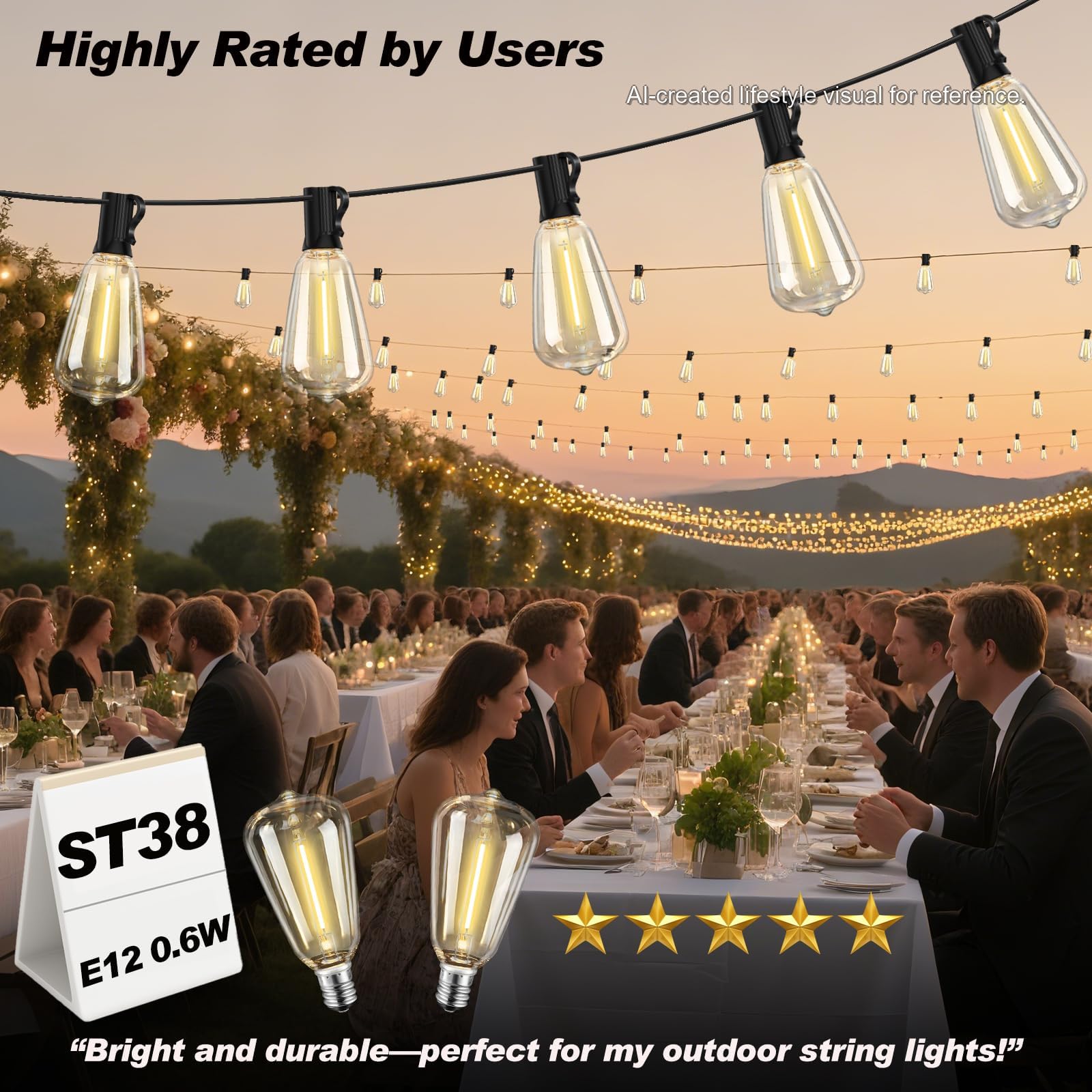 ST38 LED-Ersatzlampen, bruchsicher, dimmbar, Vintage-Edison-Glühbirnen, 0,6 W, E12-Sockel, 2700 K, Warmweiß, für schnelle Lichterkette, Reparatur, kleine Terrassen und DIY-Projekte, 10 Stück