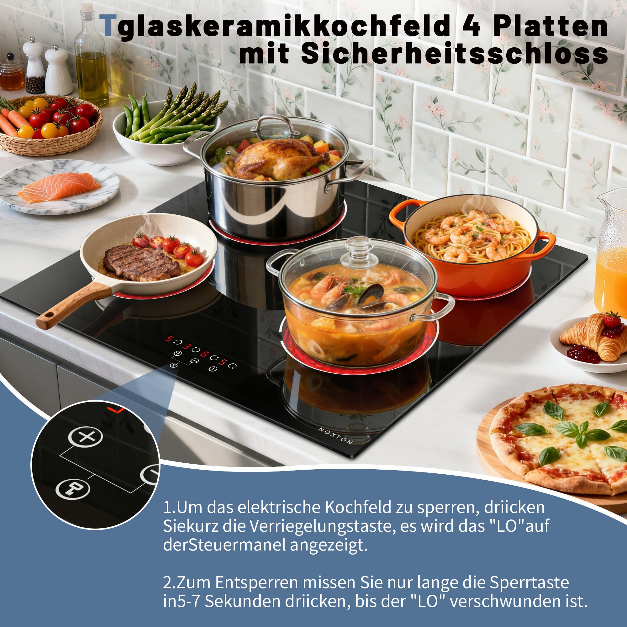 NOXTON Glaskeramikkochfeld 4 Platten 60 cm 9 Heizstufen Touch-Steuerung 220V-240V 6000W