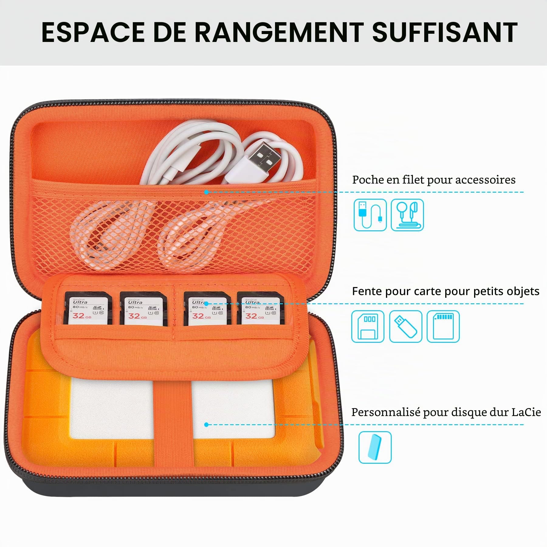 Lacdo Étui de Transport pour Disque Dur LaCie Rugged Mini Thunderbolt USB-C 1TO 2TO 4TO 5TO EVA Antichoc Orange