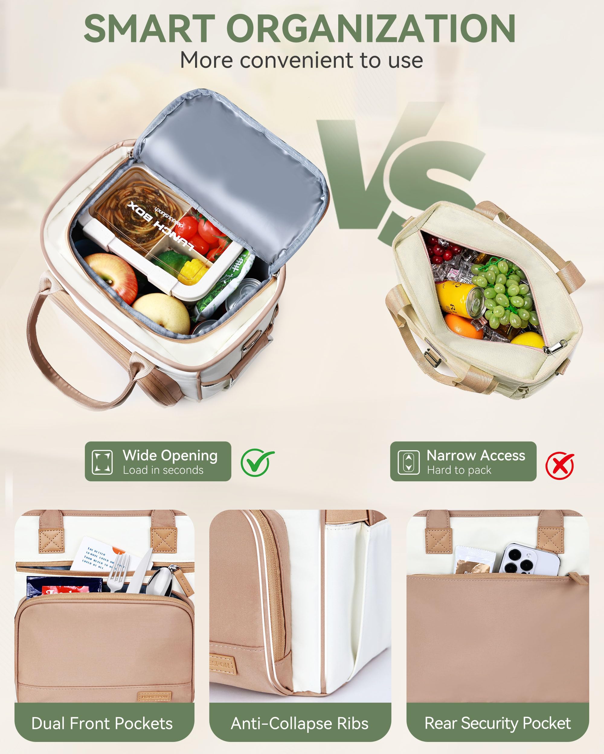 HOMESPON Borsa termica per il pranzo, a prova di perdite, con tasca posteriore e tracolla