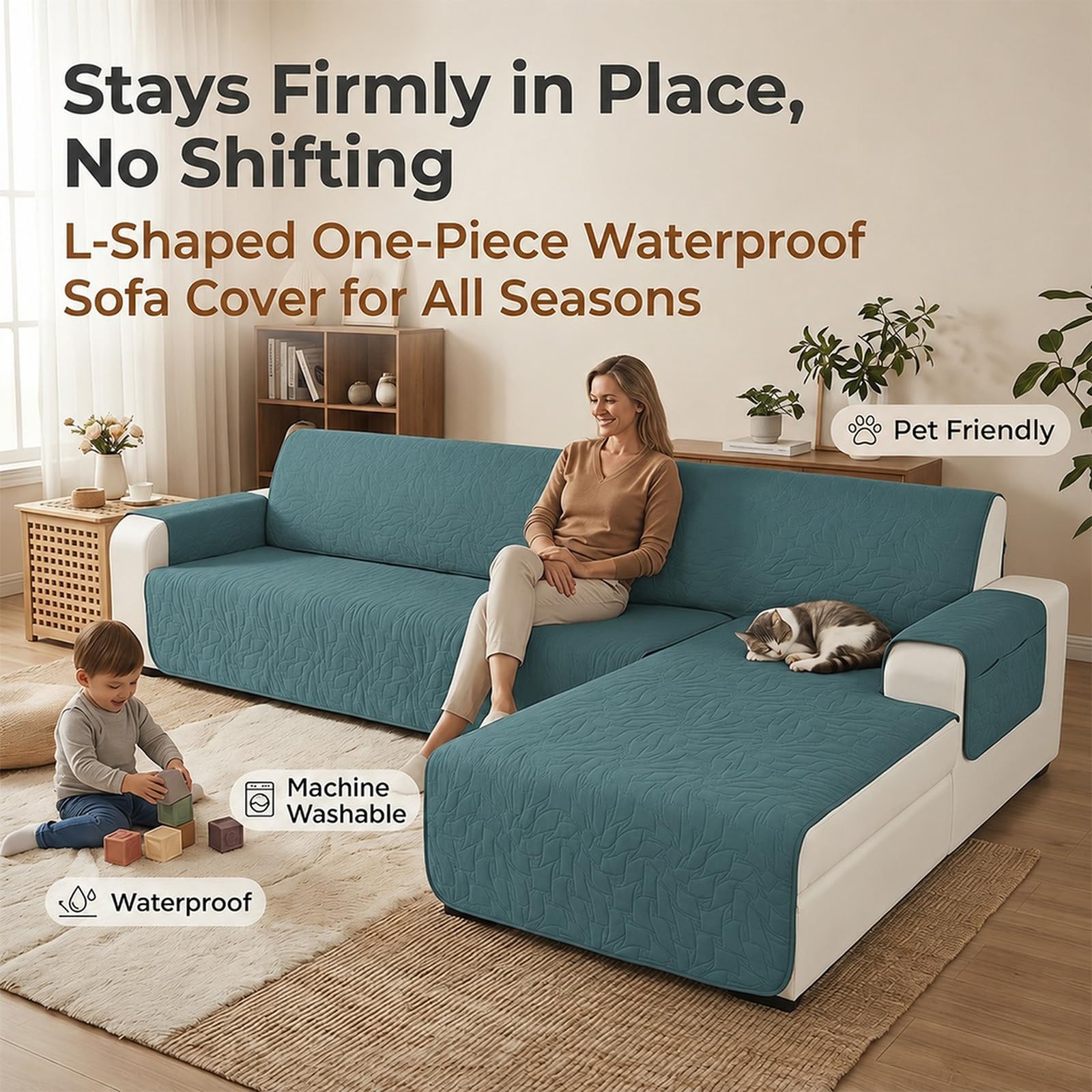 Sofabezug für Ecksofa, L-Form, 3 Sitzer, Wasserdicht, rutschfest, Universal, Reversibel, mit Armlehne, Waschbar, für Hund und Katze (Beige)