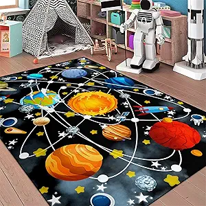 Blue Space Rugs Educational Learning Large Size Solar System Carpet Rugs Kids Rug for Bedroom Boys Space Area Rug Living Bedroom Dining Room Decor, 3'×4'