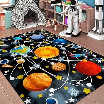 Blue Space Rugs Educational Learning Large Size Solar System Carpet Rugs Kids Rug for Bedroom Boys Space Area Rug Living Bedroom Dining Room Decor, 3'×4'