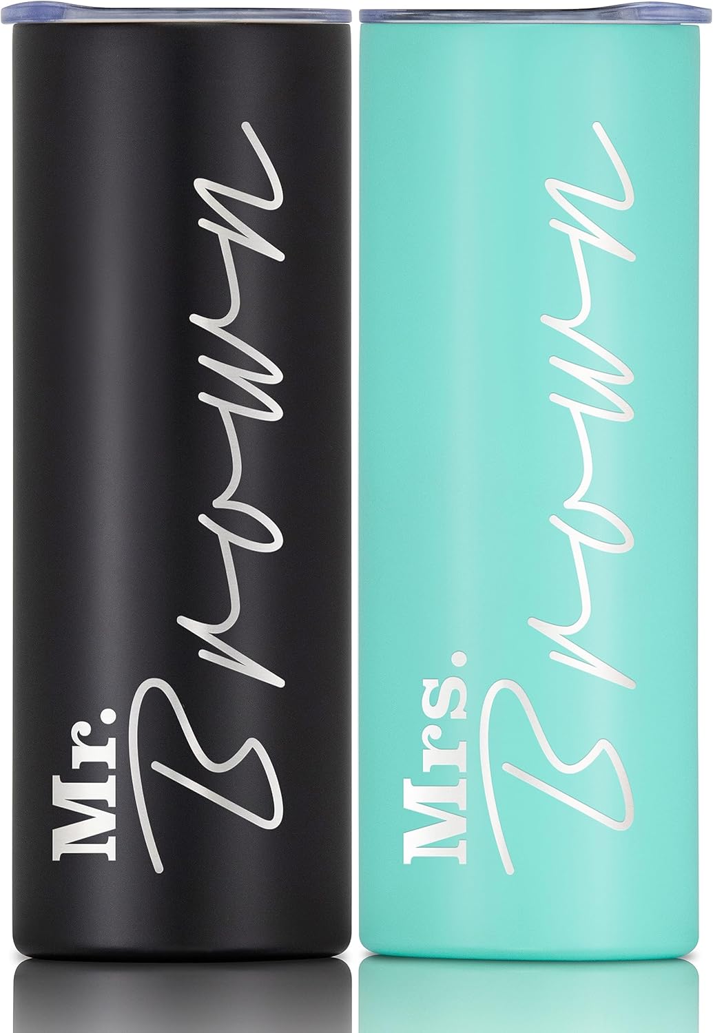 Personalized Mr & Mrs Gift Set of 2 Tumblers with Engraved Names, 20 oz Stainless Steel Vacuum Insulated Coffee Tumblers with Slider Lid, Custom Cup Wedding, Bride to Be, Honeymoon. Black & Teal.