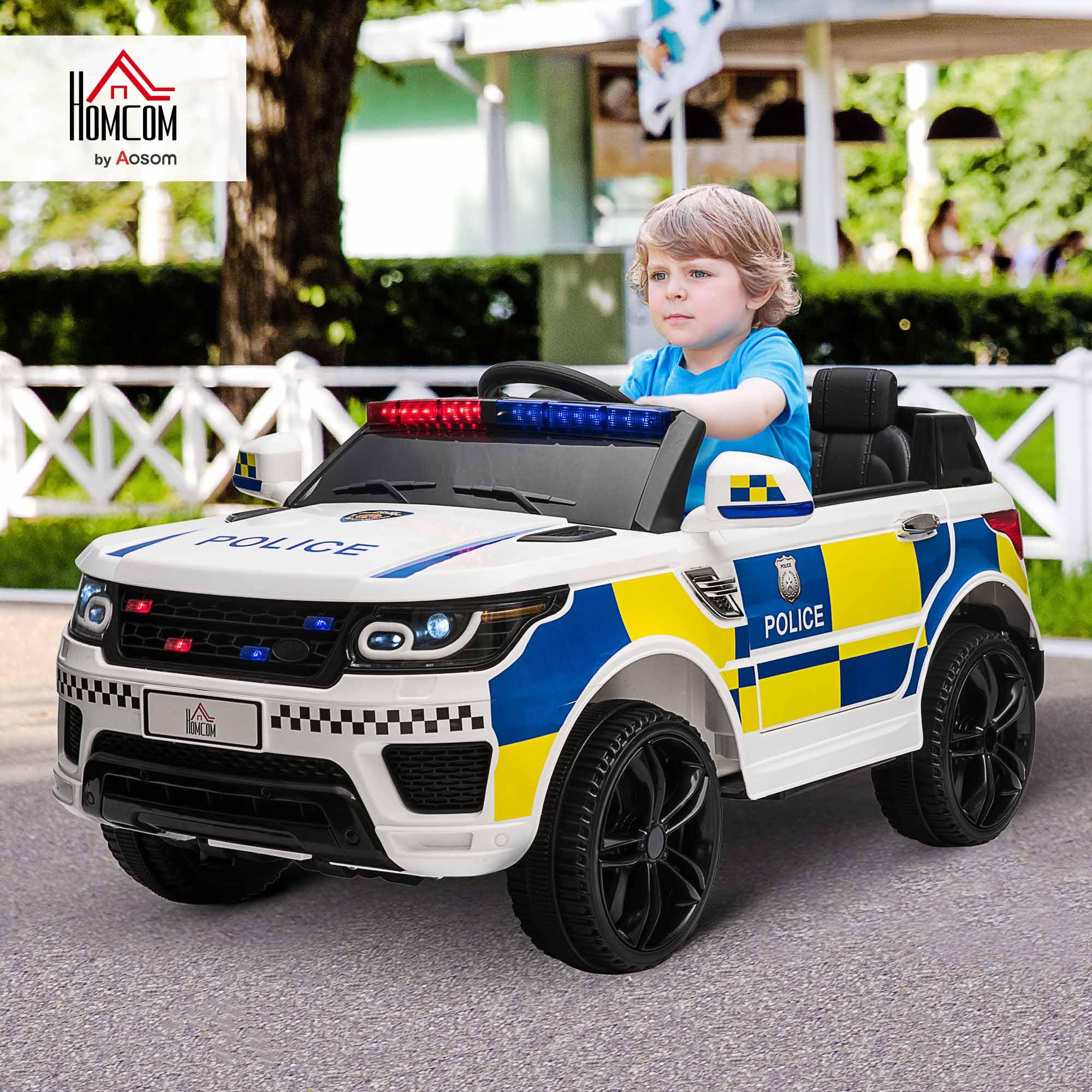 HOMCOM Macchina Elettrica per Bambini Polizia 12V Telecomando Sirena Luci USB Musica 110x68x52cm Bianco
